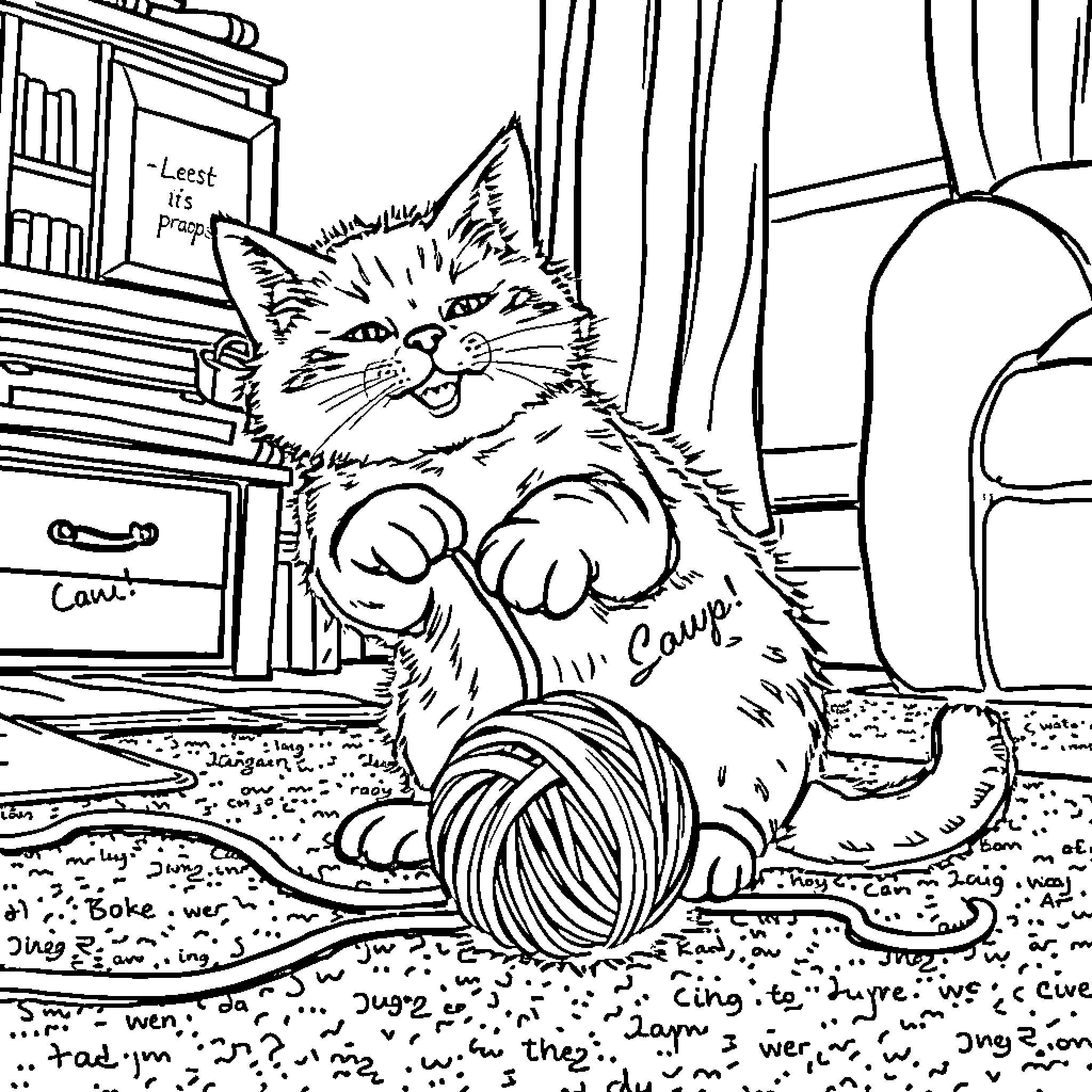 Cat Yawning Loudly in Messy Room Coloring Page (free black-and-white line drawing printable PDF for all, from beginners to advanced learners, including children, teens, adults, and seniors)