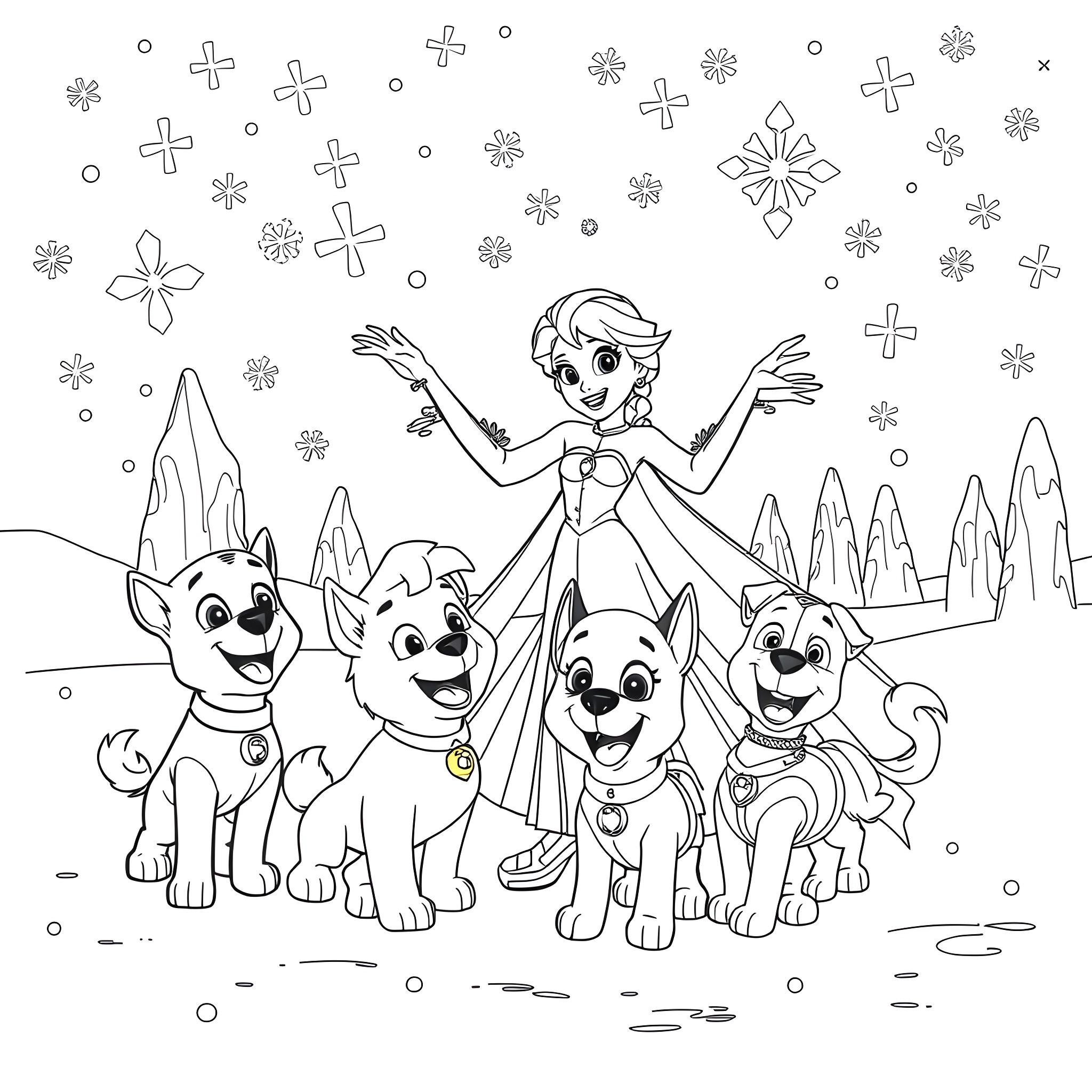 Elsa and her cute dog friends in a winter wonderland Coloring Page (free black-and-white line drawing printable PDF for all, from beginners to advanced learners, including children, teens, adults, and seniors)