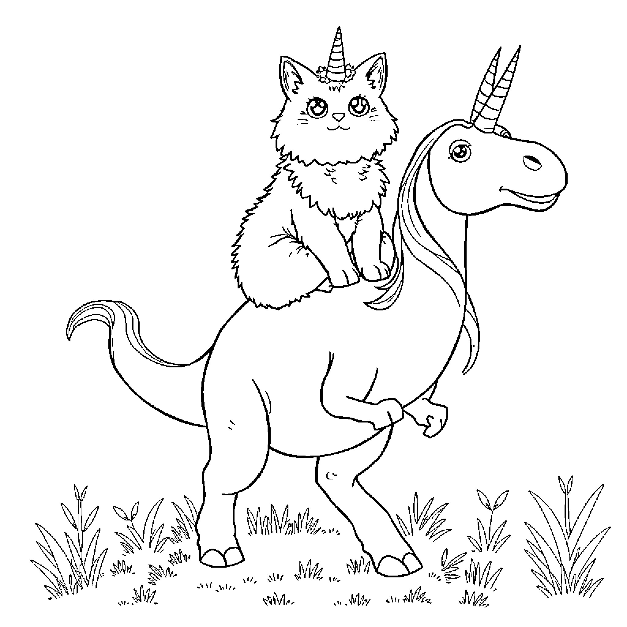 Cat riding a magical unicorn in the garden Coloring Page (free black-and-white line drawing printable PDF for all, from beginners to advanced learners, including children, teens, adults, and seniors)