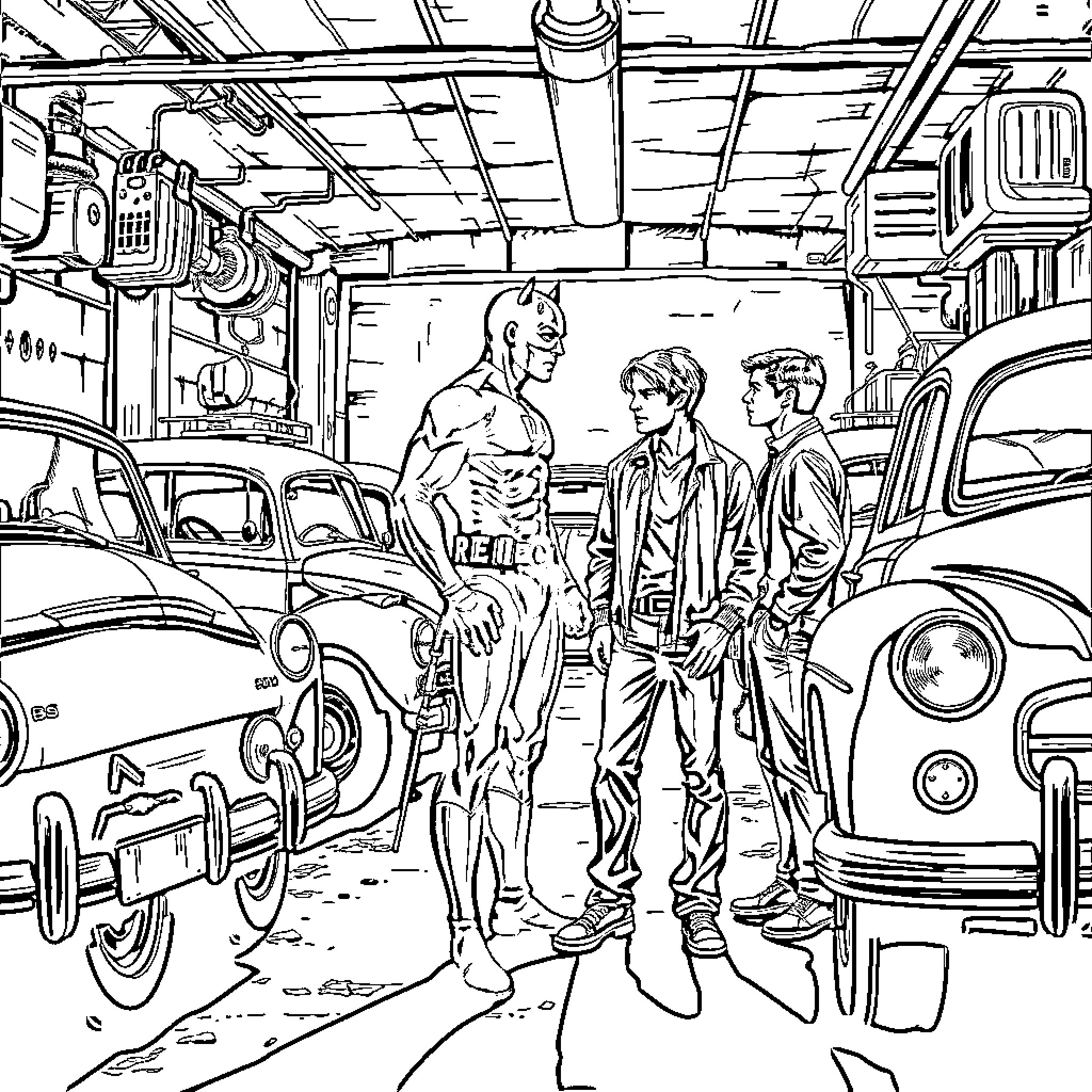 Daredevil's Garage: Heroes in Action Coloring Page (free black-and-white line drawing printable PDF for all, from beginners to advanced learners, including children, teens, adults, and seniors)
