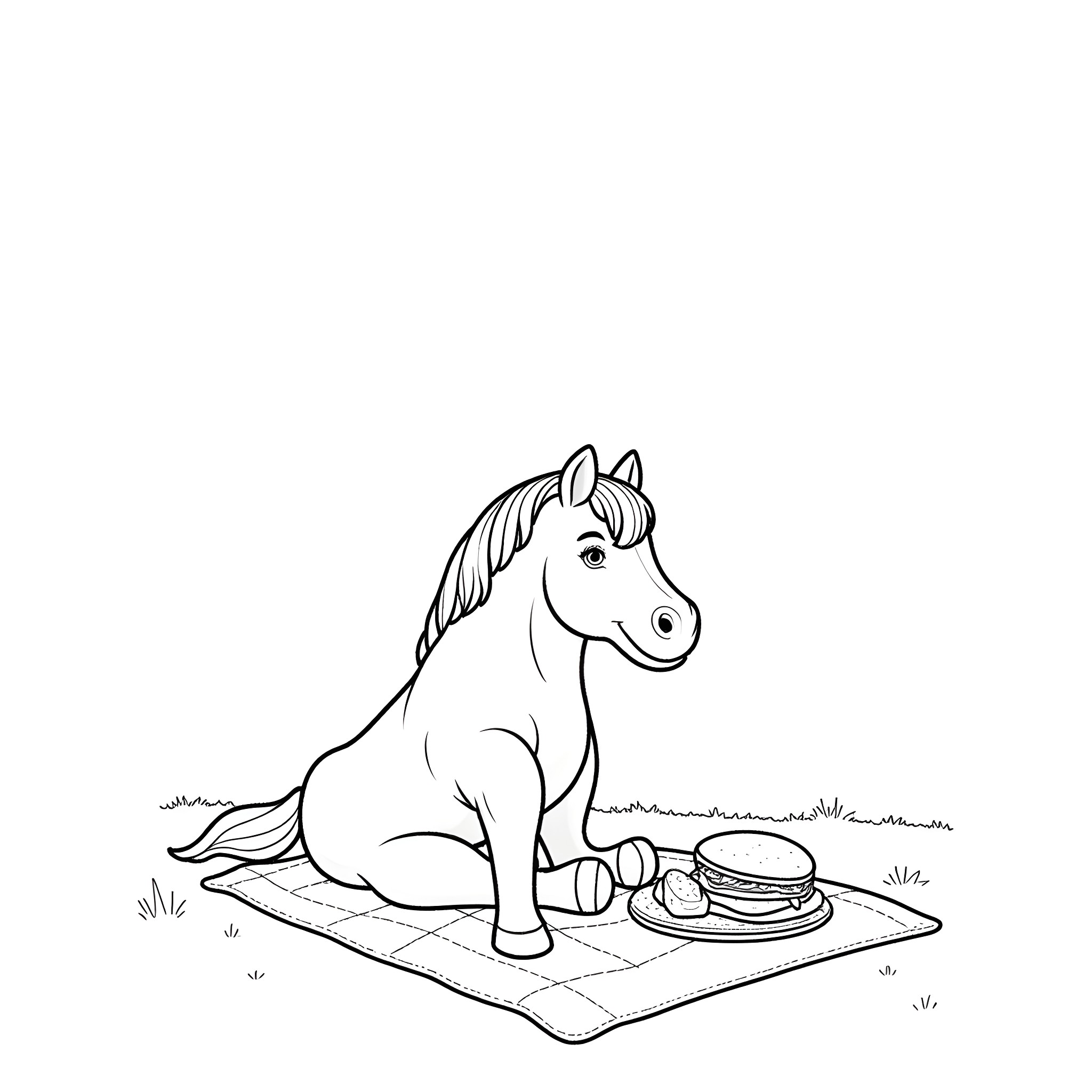 Horse enjoying a picnic on a blanket Coloring Page (free black-and-white line drawing printable PDF for all, from beginners to advanced learners, including children, teens, adults, and seniors)