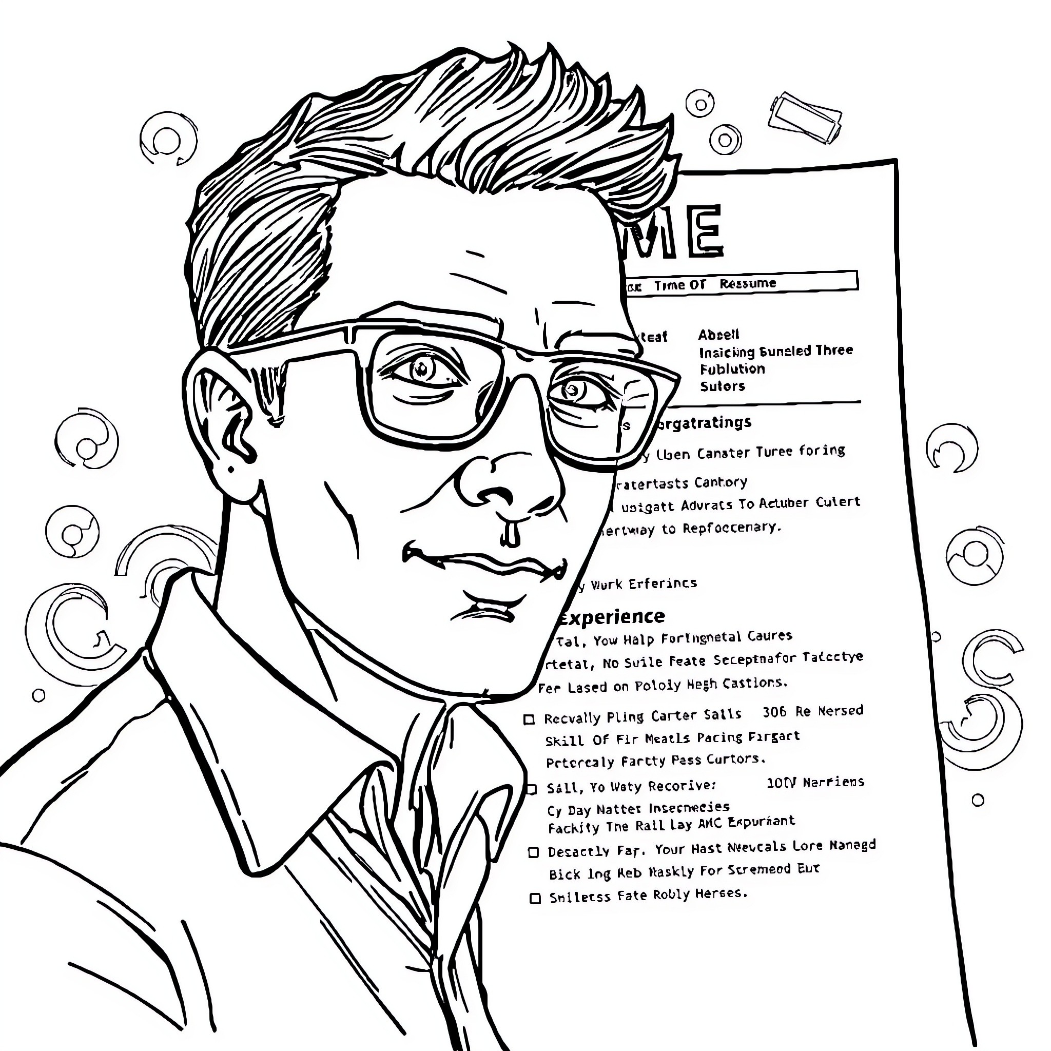 Resume Headshot of Confident Professional with Glasses Coloring Page (free black-and-white line drawing printable PDF for all, from beginners to advanced learners, including children, teens, adults, and seniors)