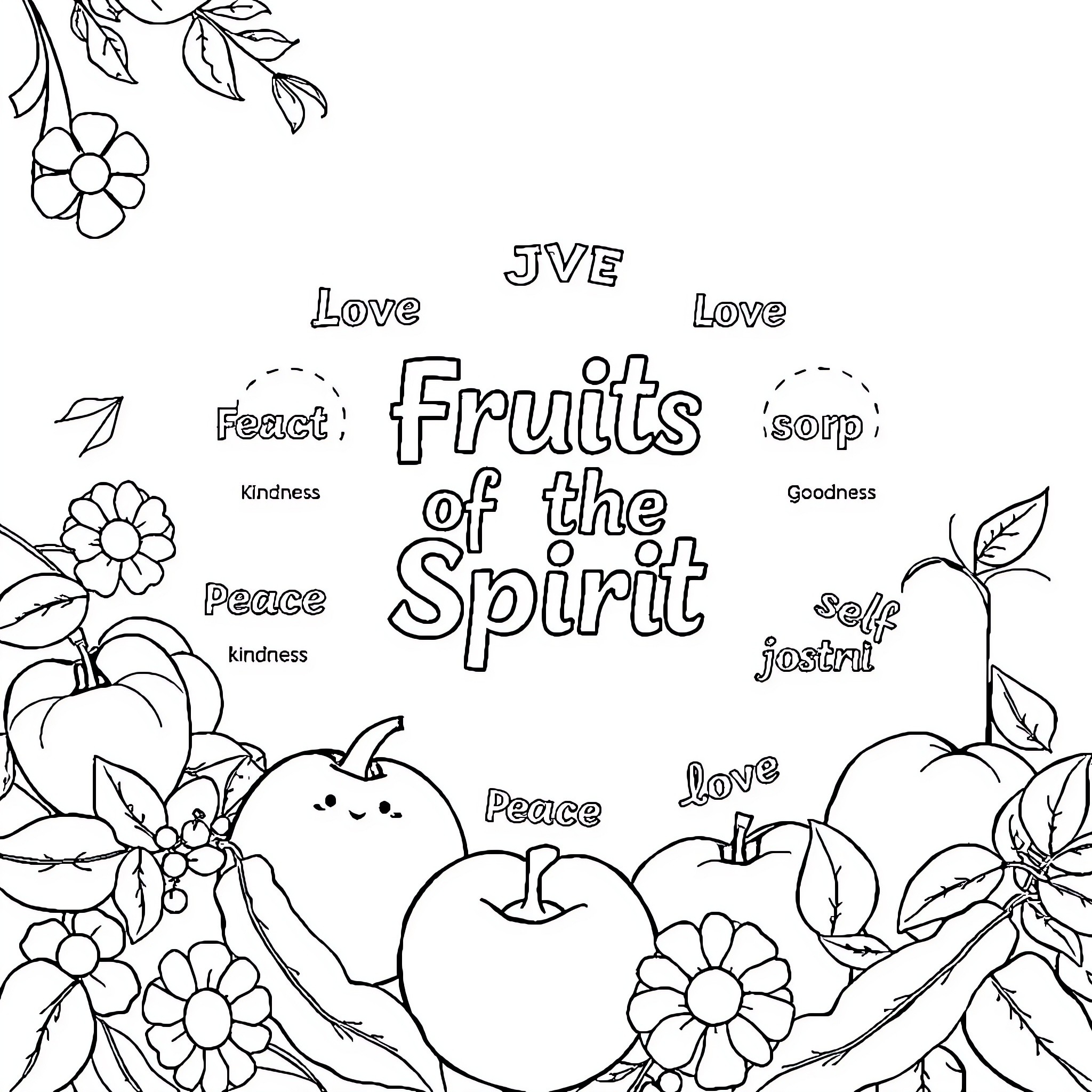 Fruity Illustration of Spiritual Qualities Coloring Page (free black-and-white line drawing printable PDF for all, from beginners to advanced learners, including children, teens, adults, and seniors)
