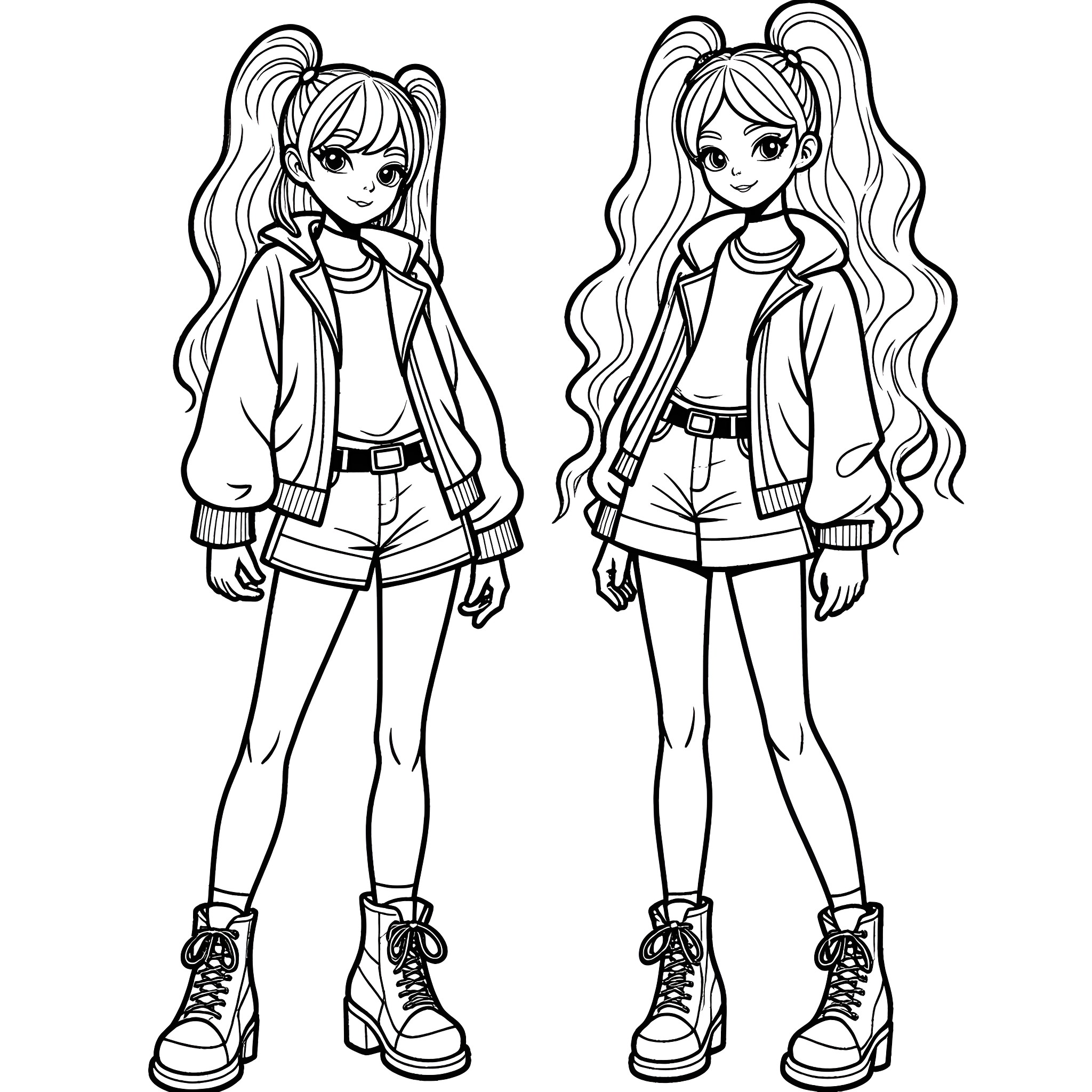 Goth Girls in Casual Outfits Coloring Page (free black-and-white line drawing printable PDF for all, from beginners to advanced learners, including children, teens, adults, and seniors)