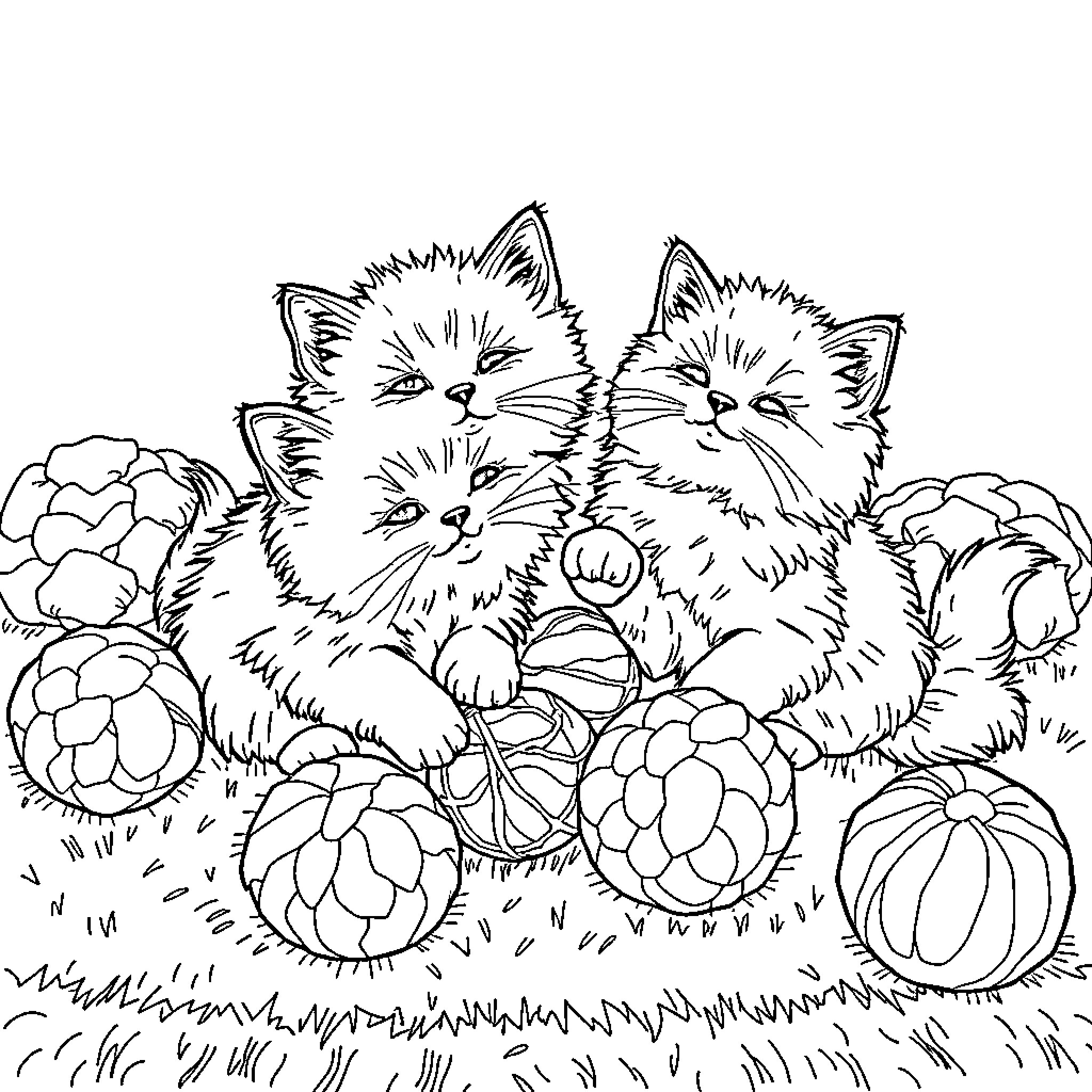 Cat Kittens Resting Among Flowers Coloring Page (free black-and-white line drawing printable PDF for all, from beginners to advanced learners, including children, teens, adults, and seniors)