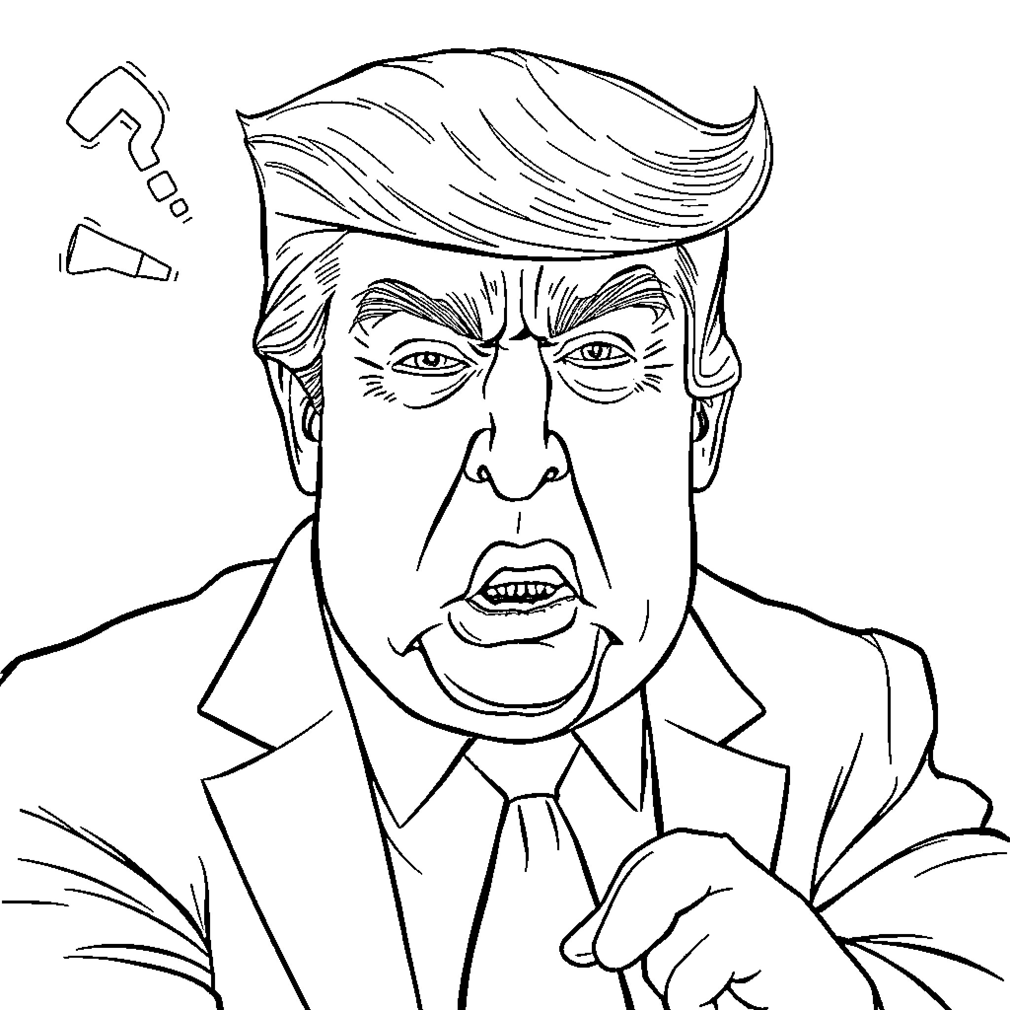 Trump gesturing angrily in a formal suit Coloring Page (free black-and-white line drawing printable PDF for all, from beginners to advanced learners, including children, teens, adults, and seniors)