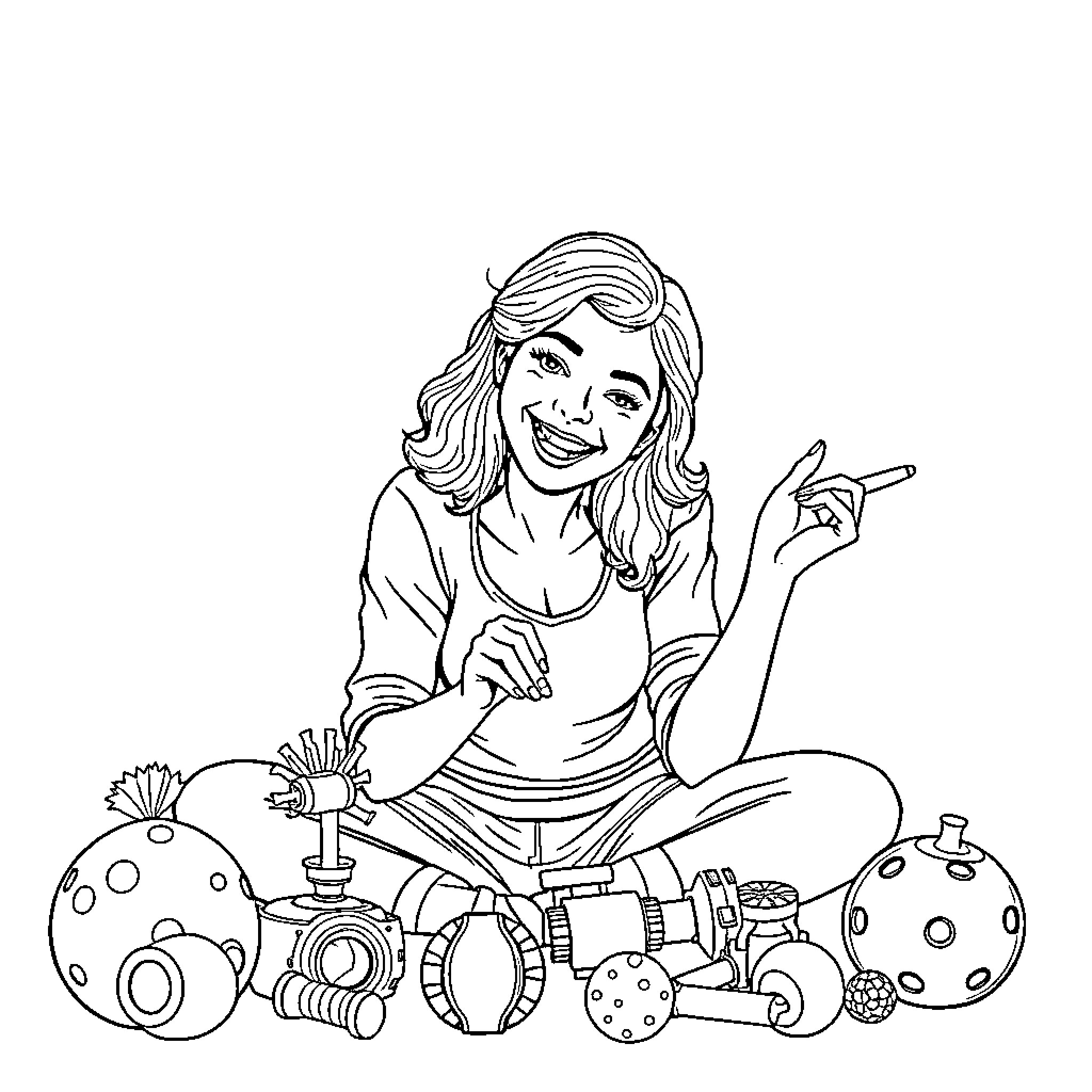 Woman surrounded by colorful toys and smiling Coloring Page (free black-and-white line drawing printable PDF for all, from beginners to advanced learners, including children, teens, adults, and seniors)