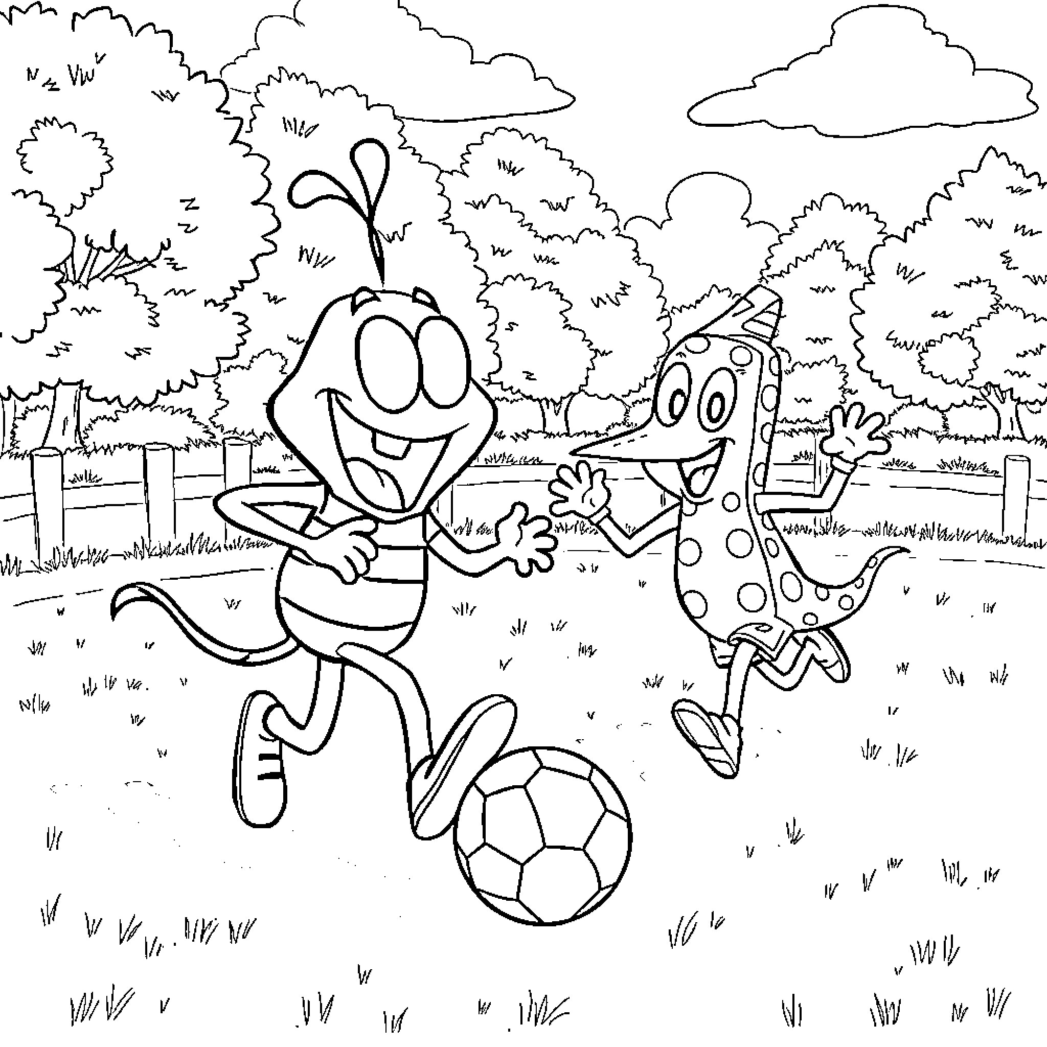 Bob esponja playing soccer with Patrick in the park Coloring Page (free black-and-white line drawing printable PDF for all, from beginners to advanced learners, including children, teens, adults, and seniors)