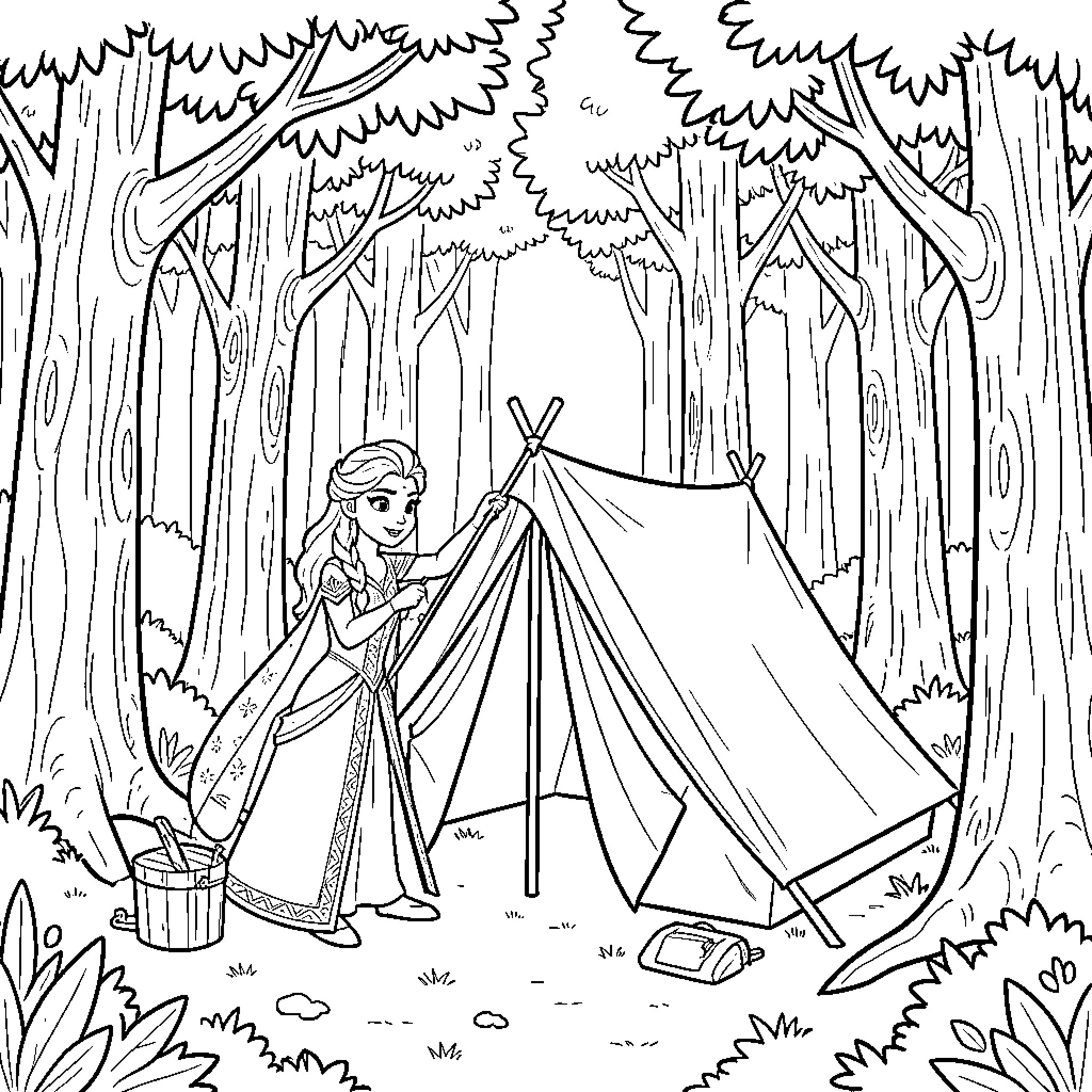 Elsa setting up a tent in the forest Coloring Page (free black-and-white line drawing printable PDF for all, from beginners to advanced learners, including children, teens, adults, and seniors)