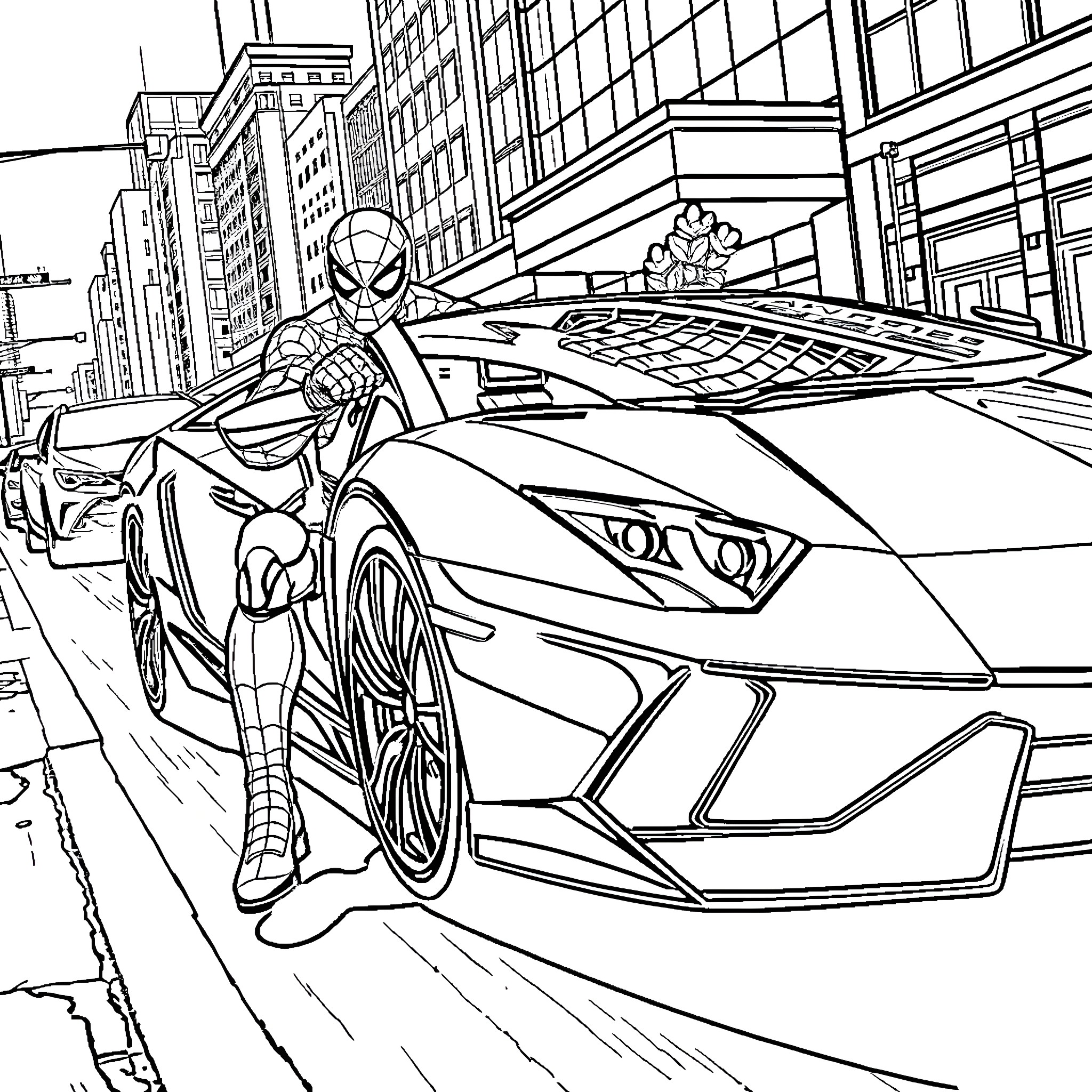 Spiderman swinging through the city on a sports car Coloring Page (free black-and-white line drawing printable PDF for all, from beginners to advanced learners, including children, teens, adults, and seniors)
