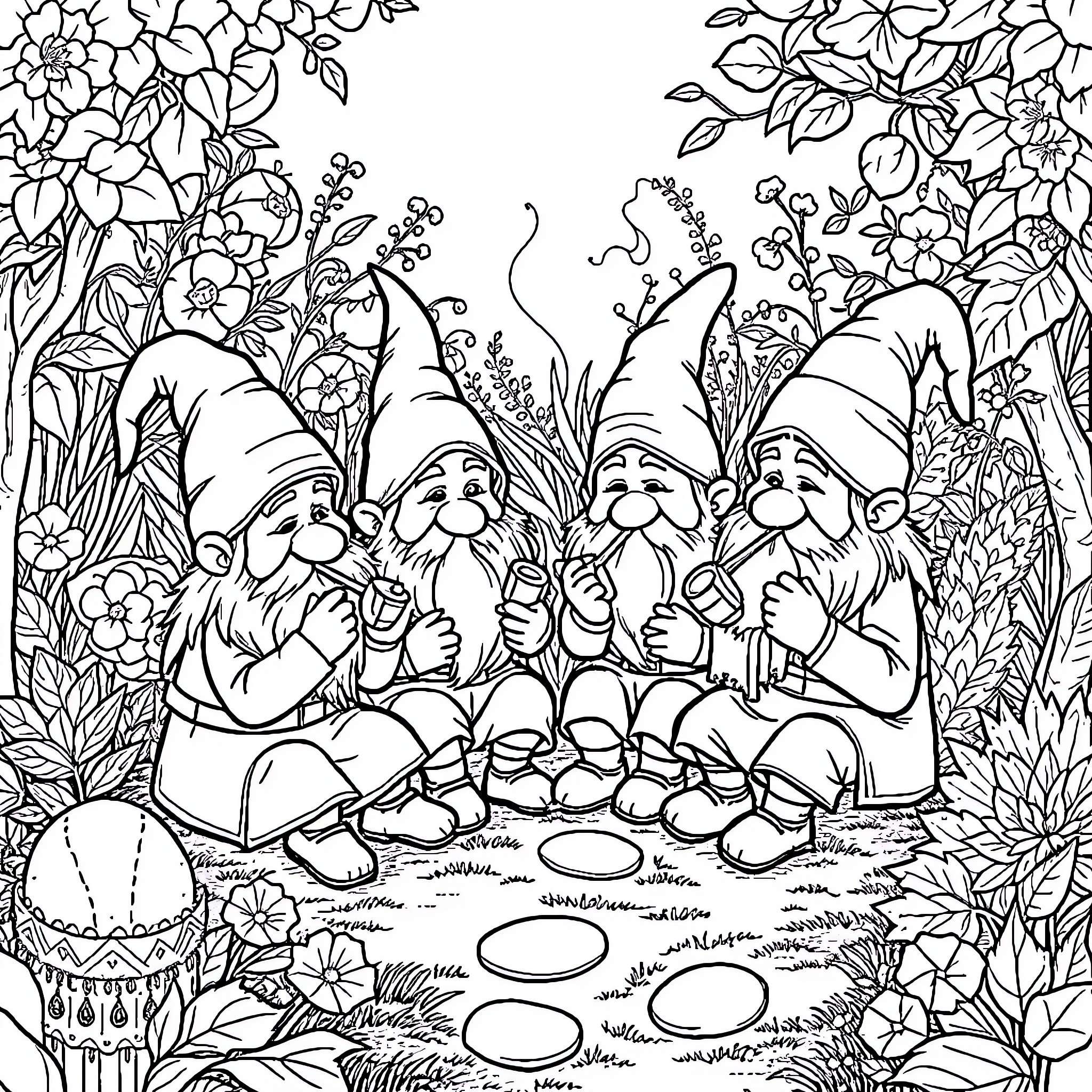 Gnome Friends Enjoying a Cozy Gathering in Nature Coloring Page (free black-and-white line drawing printable PDF for all, from beginners to advanced learners, including children, teens, adults, and seniors)