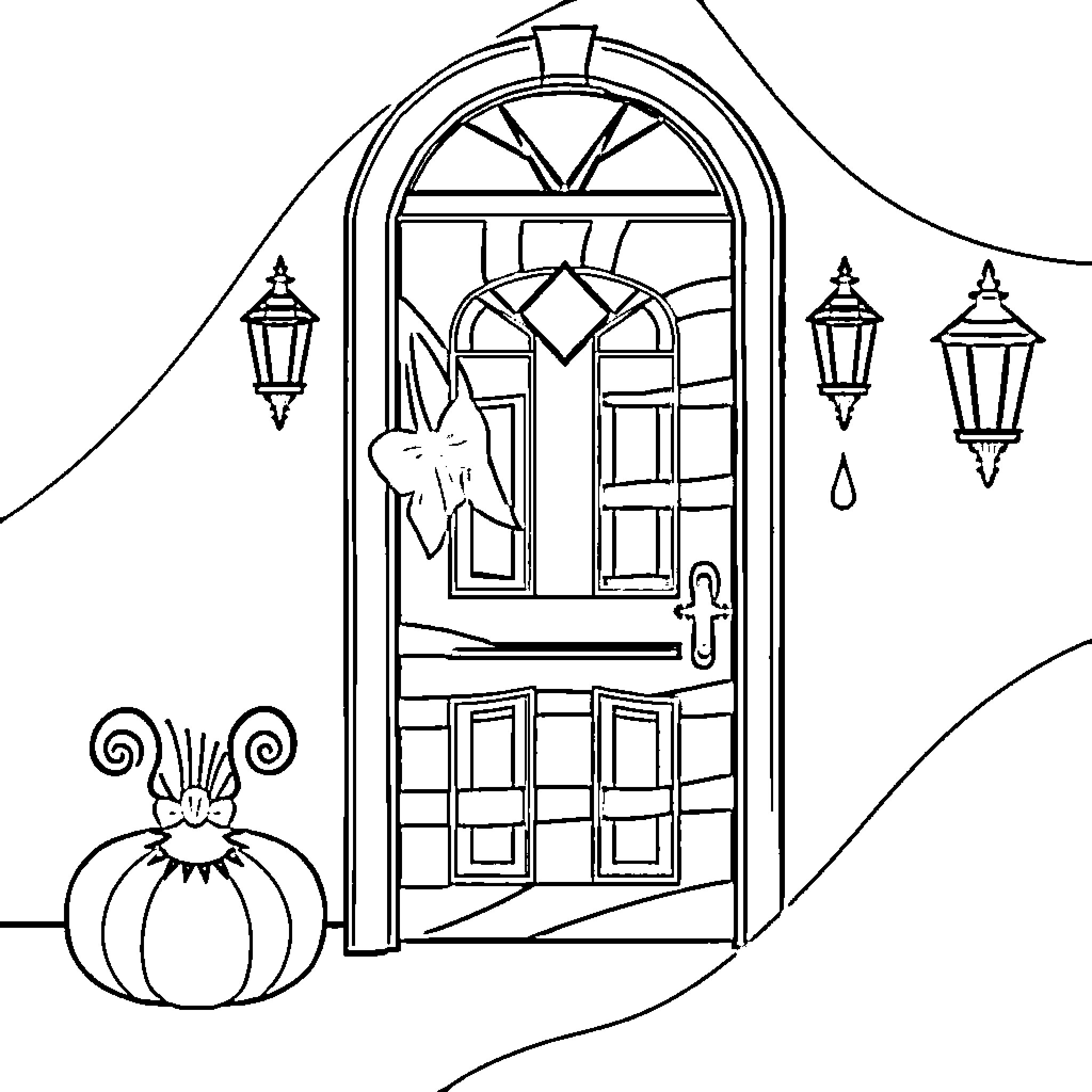 Cruella's Ominous Entryway Coloring Page (free black-and-white line drawing printable PDF for all, from beginners to advanced learners, including children, teens, adults, and seniors)