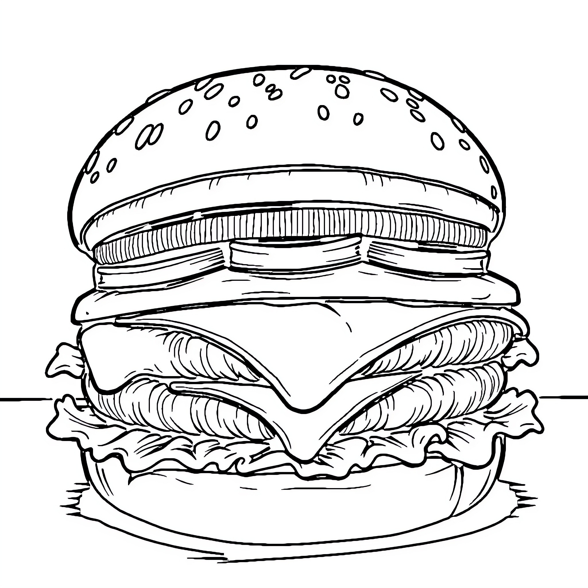 Hamburger with delicious ingredients Coloring Page (free black-and-white line drawing printable PDF for all, from beginners to advanced learners, including children, teens, adults, and seniors)