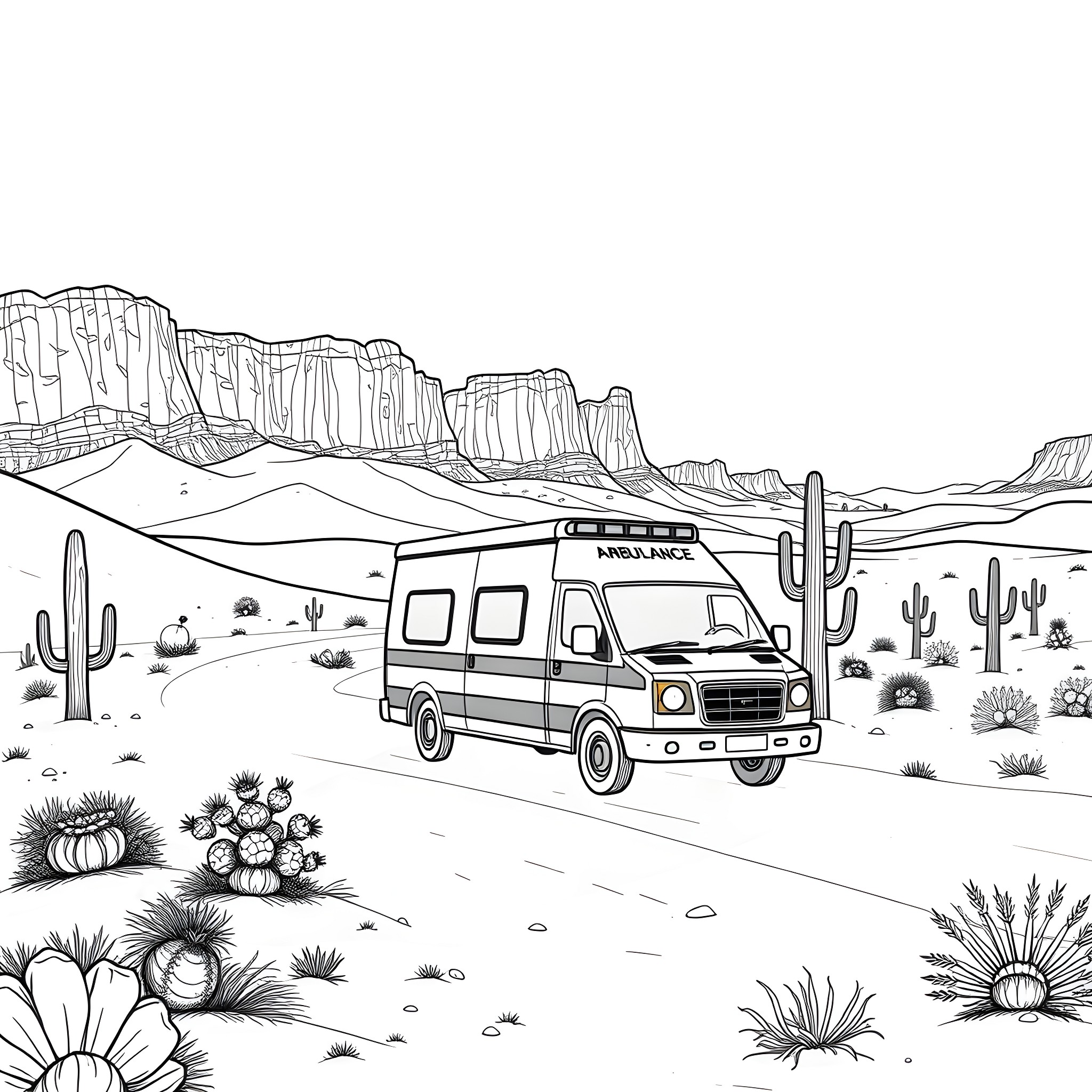 Ambulance responding in the desert landscape Coloring Page (free black-and-white line drawing printable PDF for all, from beginners to advanced learners, including children, teens, adults, and seniors)