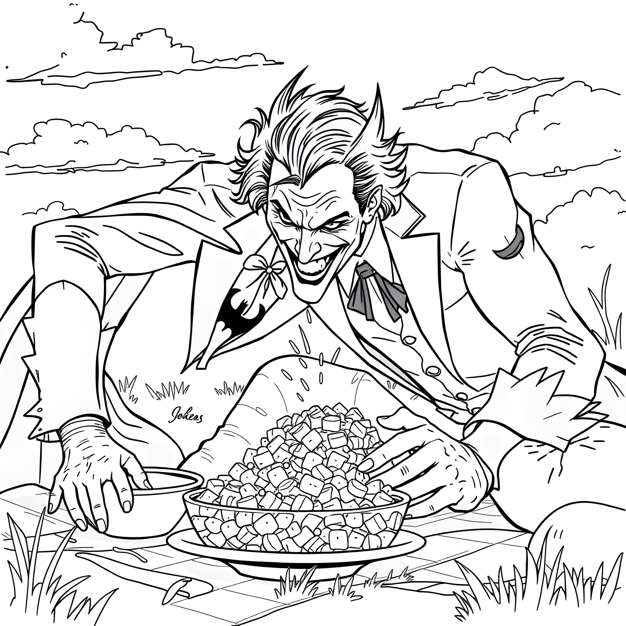 Joker enjoying a bowl of stones in the wilderness Coloring Page (free black-and-white line drawing printable PDF for all, from beginners to advanced learners, including children, teens, adults, and seniors)
