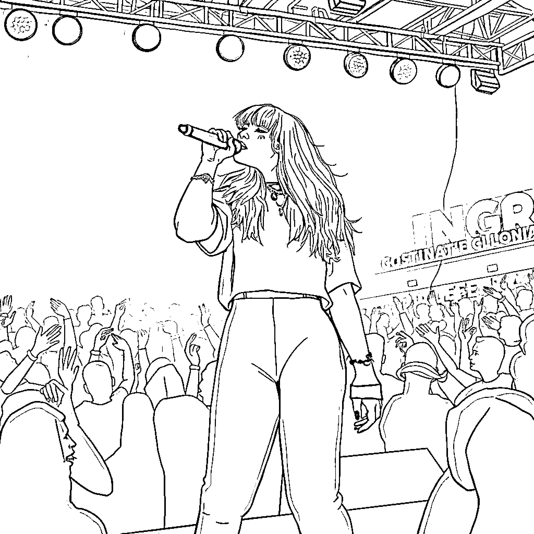 Billie Eilish performing on stage with crowd Coloring Page (free black-and-white line drawing printable PDF for all, from beginners to advanced learners, including children, teens, adults, and seniors)