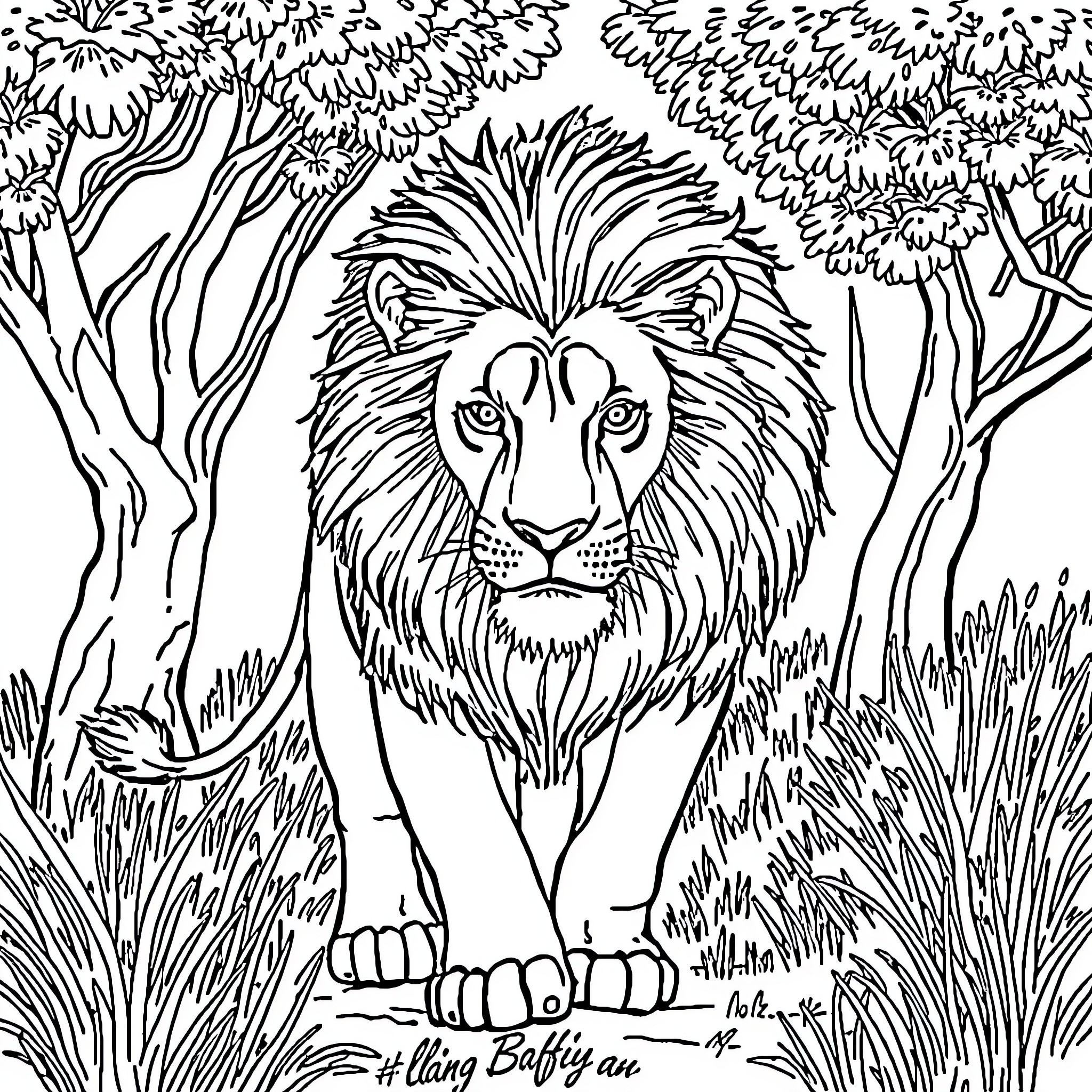 Lion in a lush forest environment Coloring Page (free black-and-white line drawing printable PDF for all, from beginners to advanced learners, including children, teens, adults, and seniors)