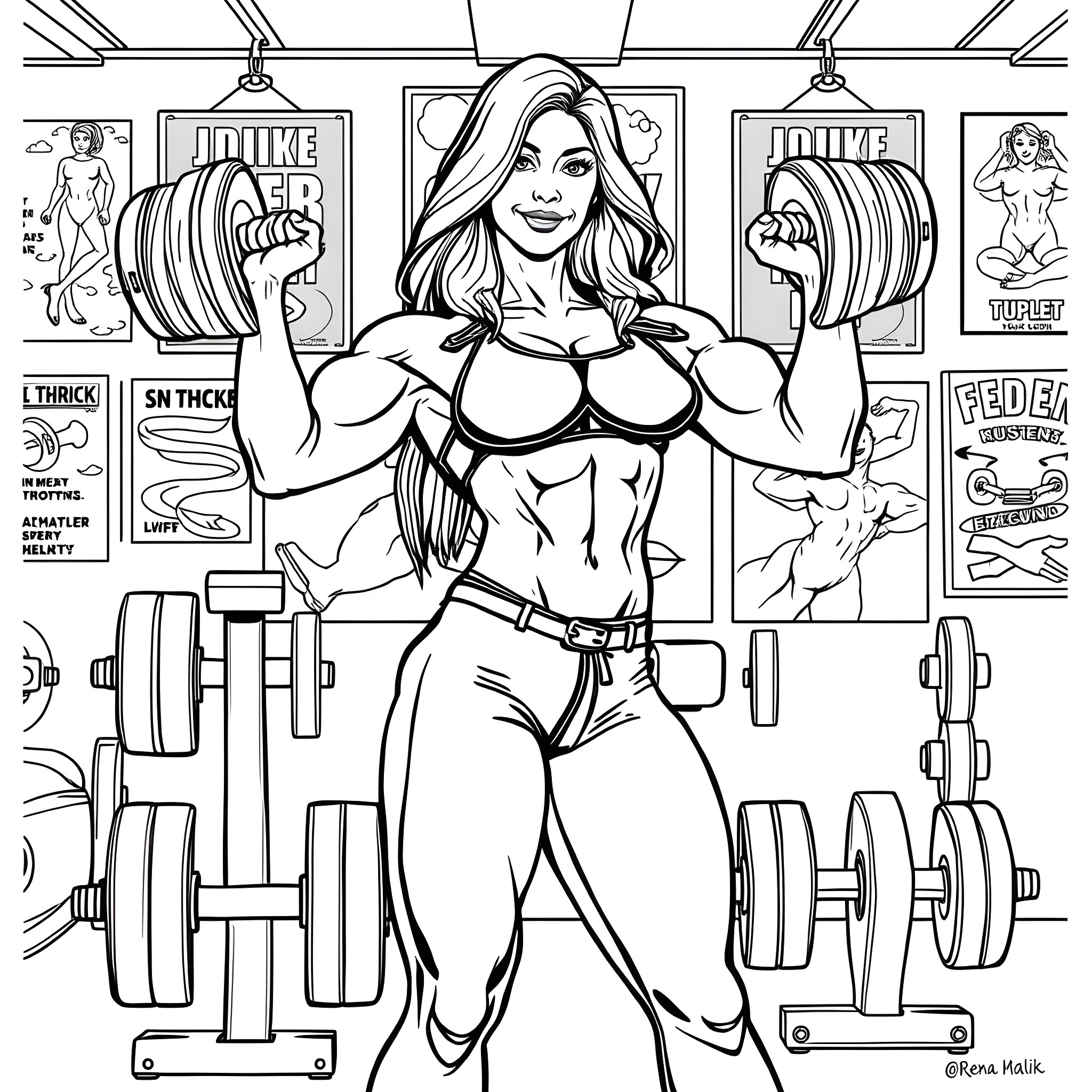 Dr. Rena Malik in a Muscular Fitness Studio Coloring Page (free black-and-white line drawing printable PDF for all, from beginners to advanced learners, including children, teens, adults, and seniors)
