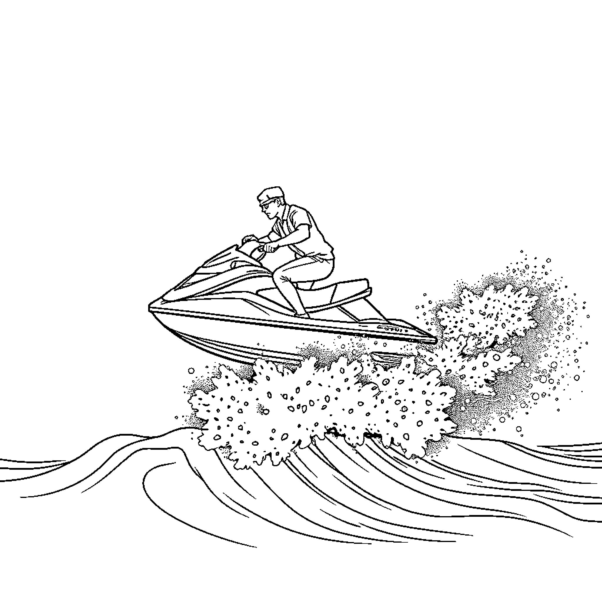 Man riding jet ski across waves Coloring Page (free black-and-white line drawing printable PDF for all, from beginners to advanced learners, including children, teens, adults, and seniors)