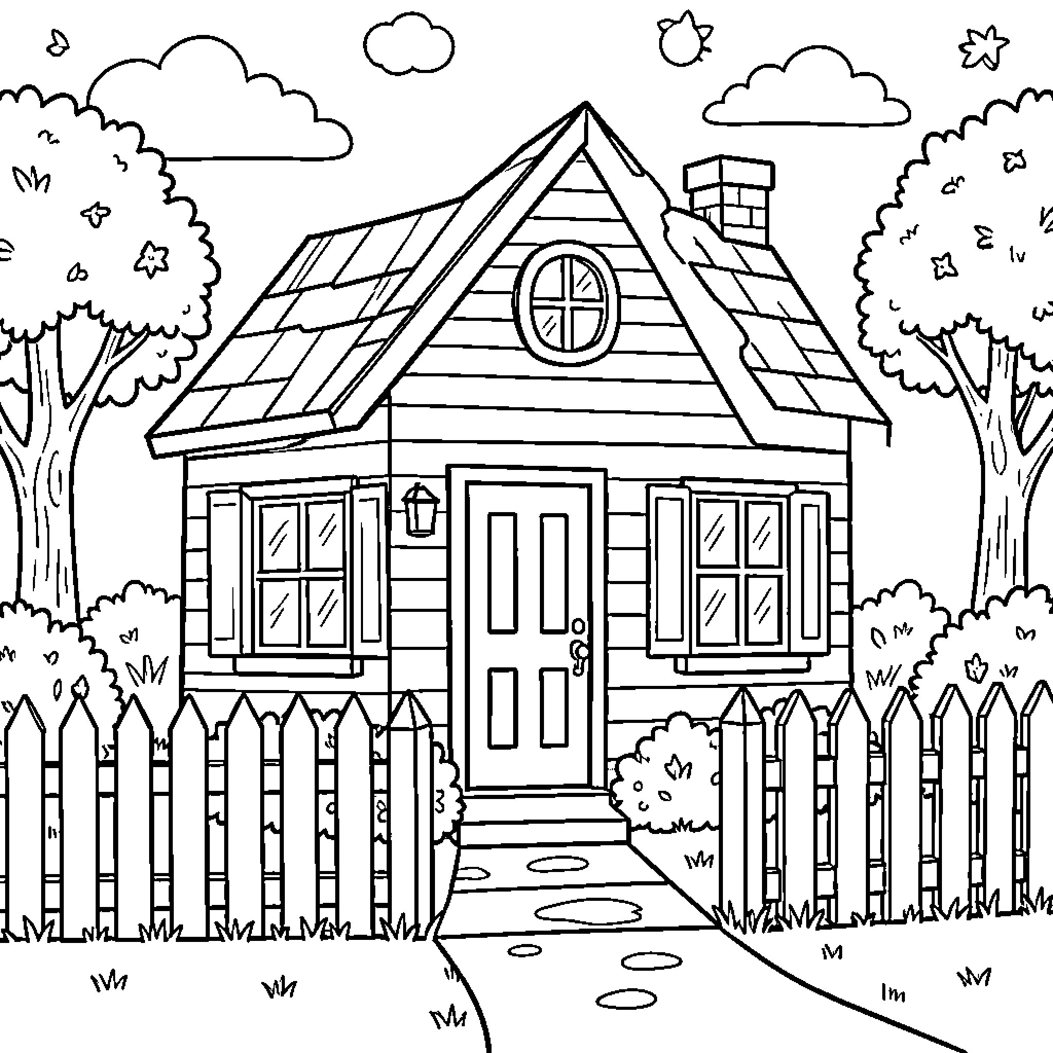 House with a picket fence in a tranquil outdoor setting Coloring Page (free black-and-white line drawing printable PDF for all, from beginners to advanced learners, including children, teens, adults, and seniors)