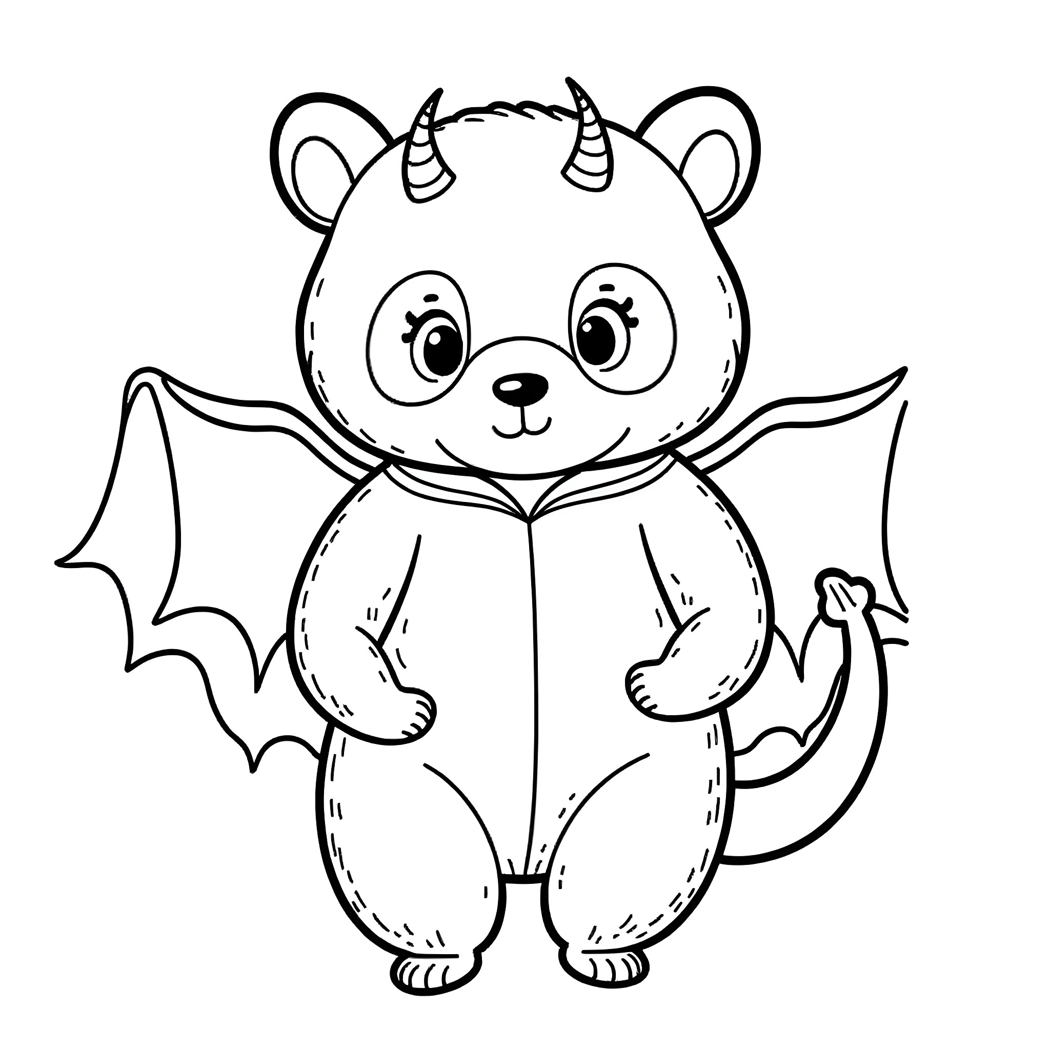 Panda-like Creature with Bat Wings and Horns Coloring Page (free black-and-white line drawing printable PDF for all, from beginners to advanced learners, including children, teens, adults, and seniors)