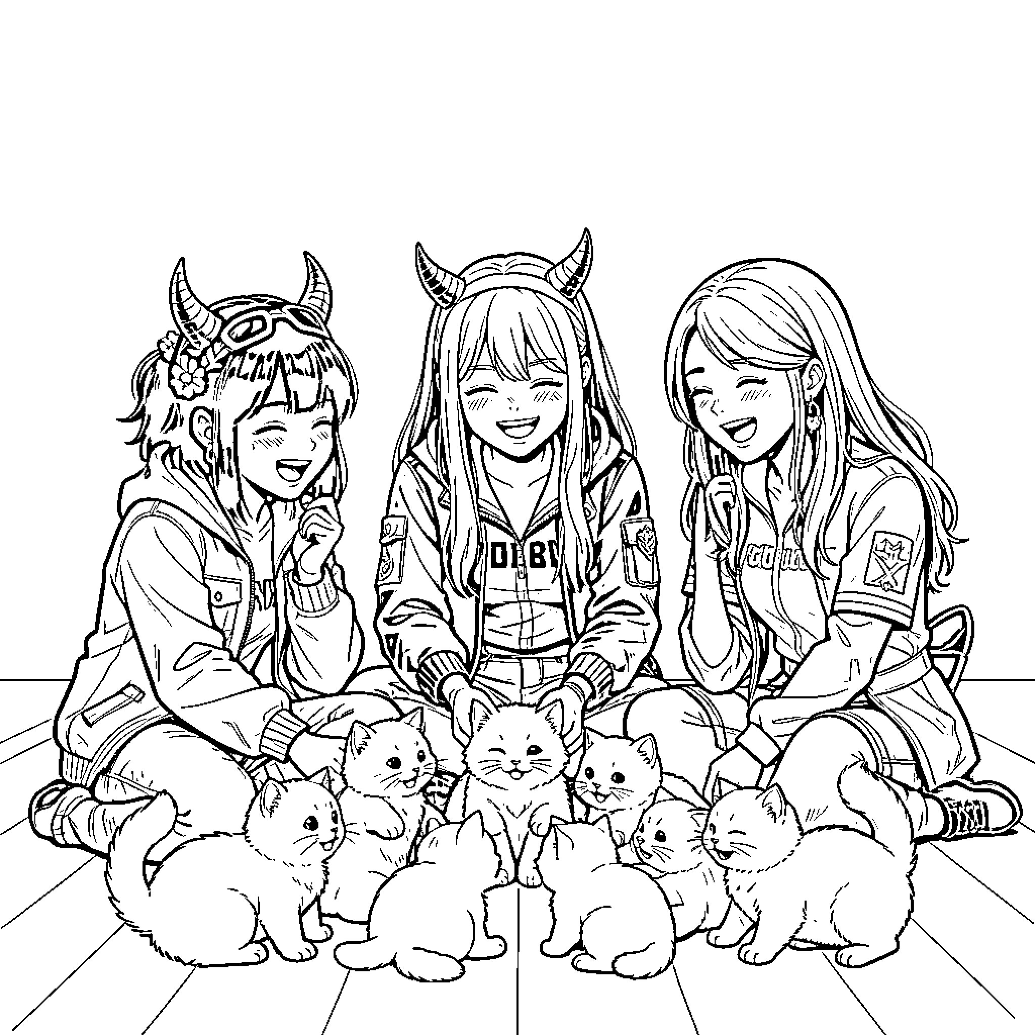 Kpop Demon Hunter girls laughing with kittens Coloring Page (free black-and-white line drawing printable PDF for all, from beginners to advanced learners, including children, teens, adults, and seniors)