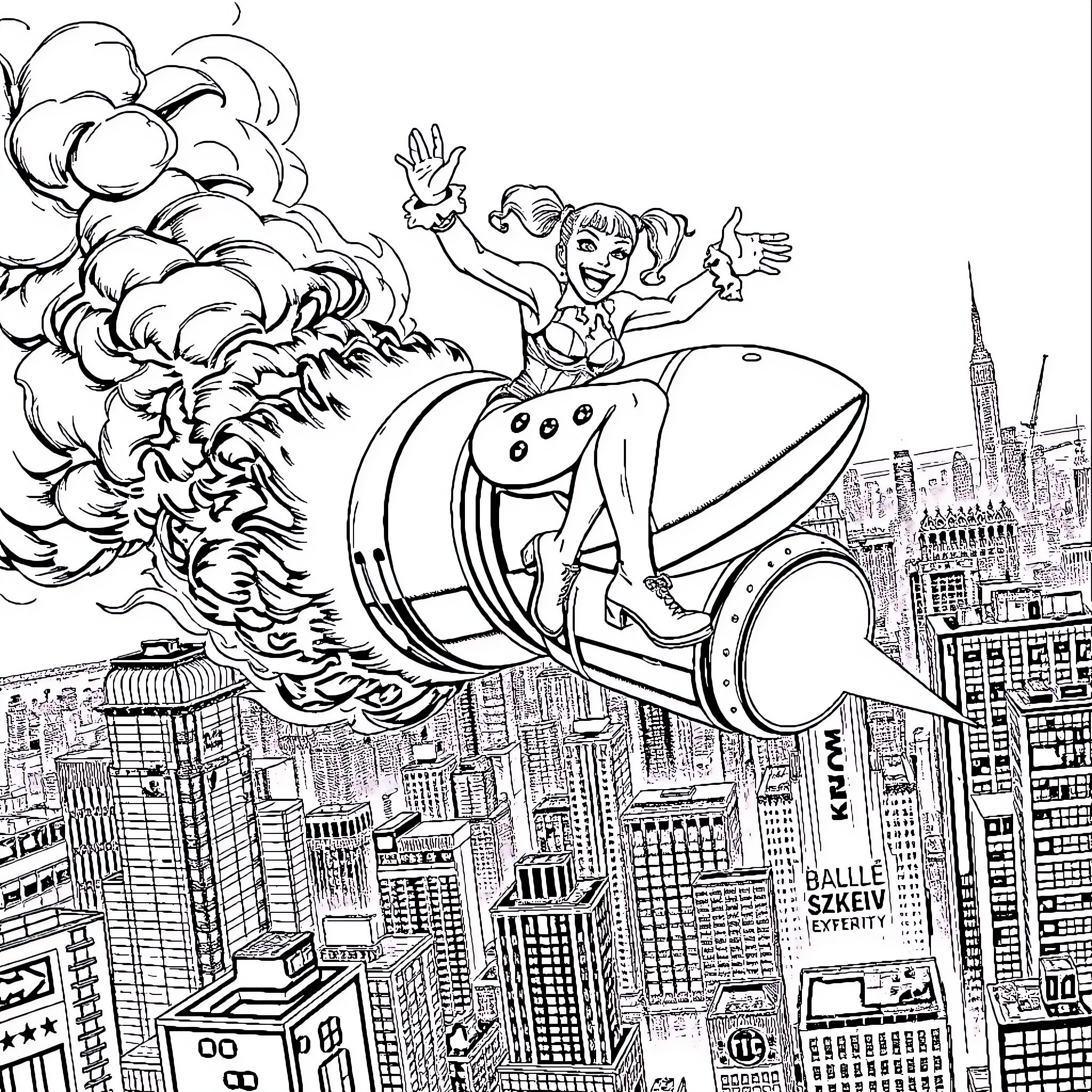 Harley Quinn's Explosive Adventure in the City Coloring Page (free black-and-white line drawing printable PDF for all, from beginners to advanced learners, including children, teens, adults, and seniors)