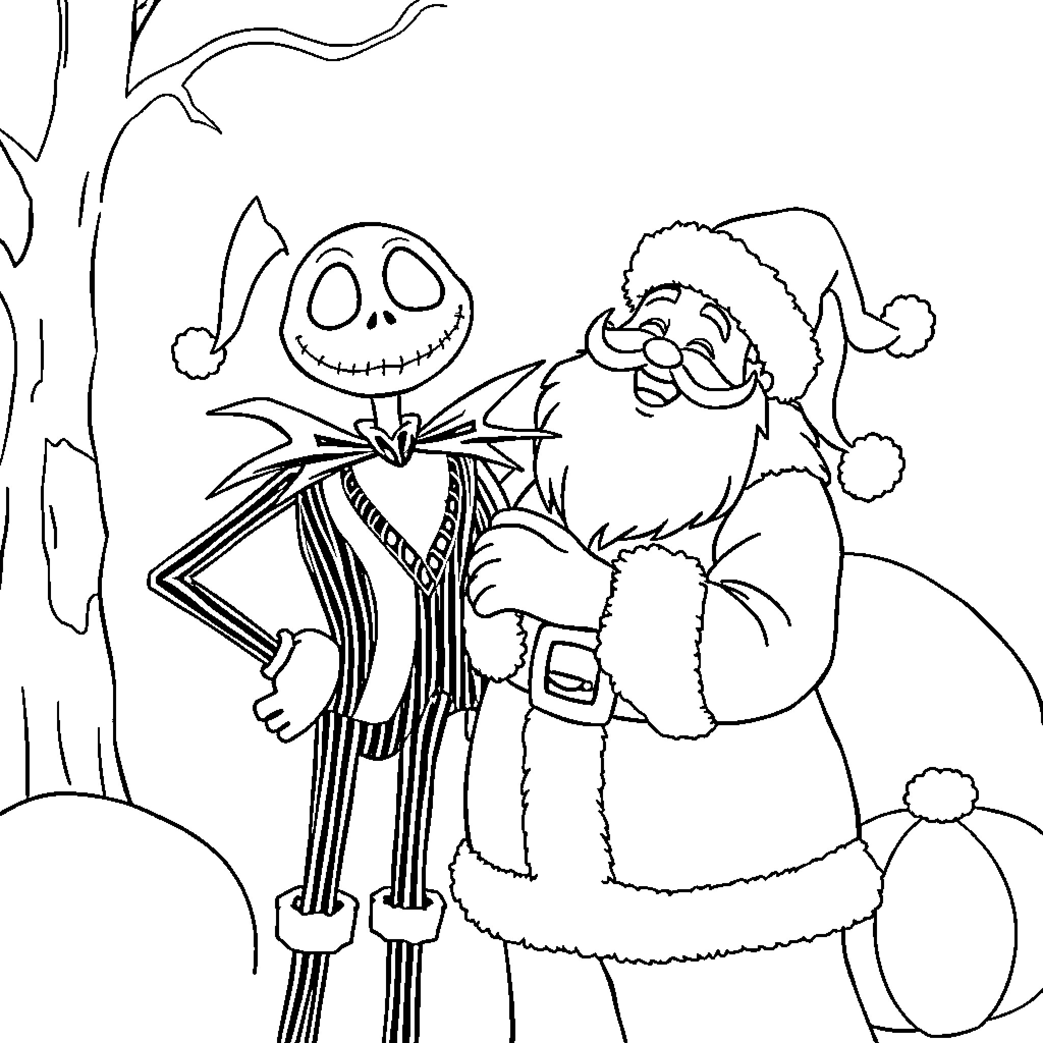 Jack Skellington and Santa Claus in Snowy Wonderland Coloring Page (free black-and-white line drawing printable PDF for all, from beginners to advanced learners, including children, teens, adults, and seniors)