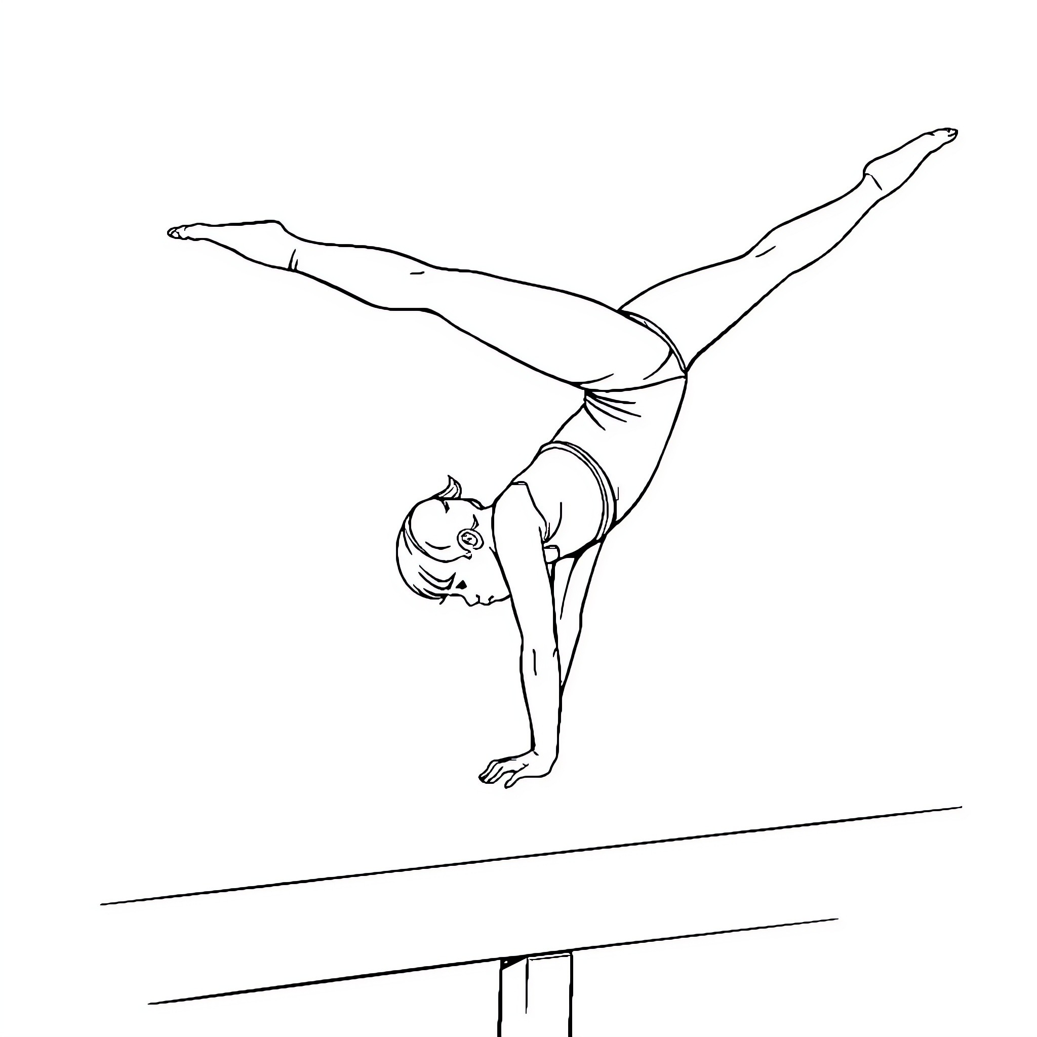 Gymnast performing acrobatic maneuver on balance beam Coloring Page (free black-and-white line drawing printable PDF for all, from beginners to advanced learners, including children, teens, adults, and seniors)