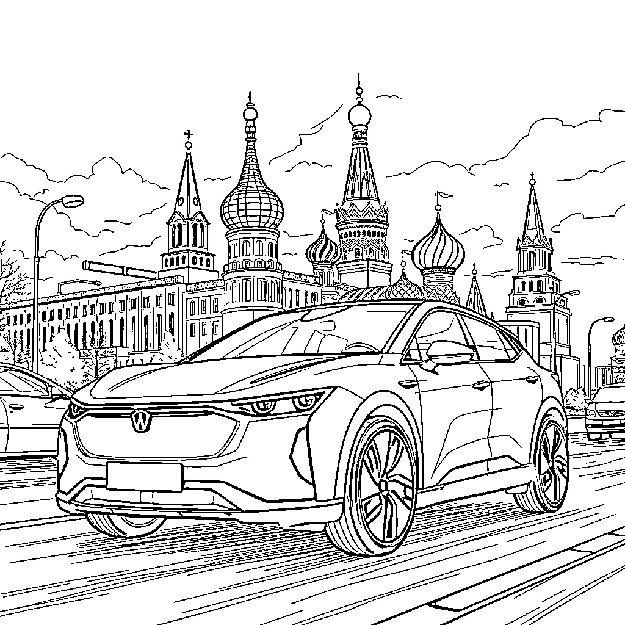 Zeekr electric vehicle in Moscow city landscape Coloring Page (free black-and-white line drawing printable PDF for all, from beginners to advanced learners, including children, teens, adults, and seniors)