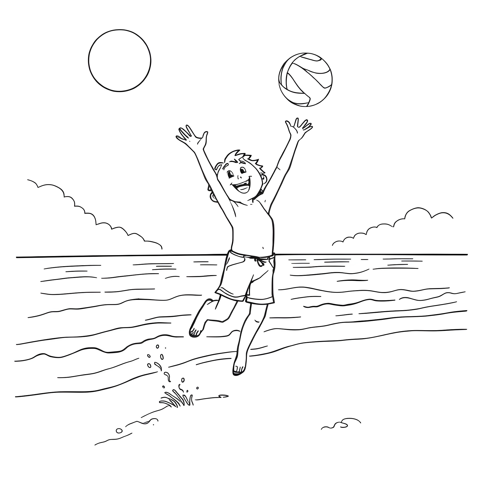 Bluey playing with a beach ball in the water Coloring Page (free black-and-white line drawing printable PDF for all, from beginners to advanced learners, including children, teens, adults, and seniors)