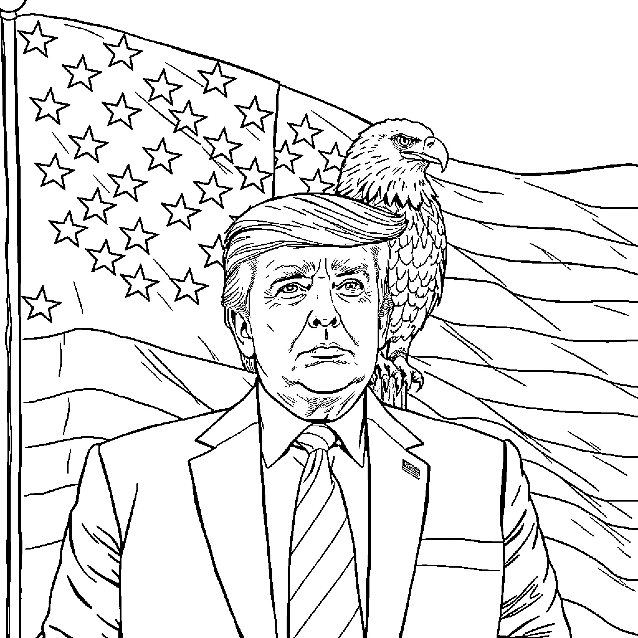 Donald Trump portrayed with a bald eagle and American flag Coloring Page (free black-and-white line drawing printable PDF for all, from beginners to advanced learners, including children, teens, adults, and seniors)