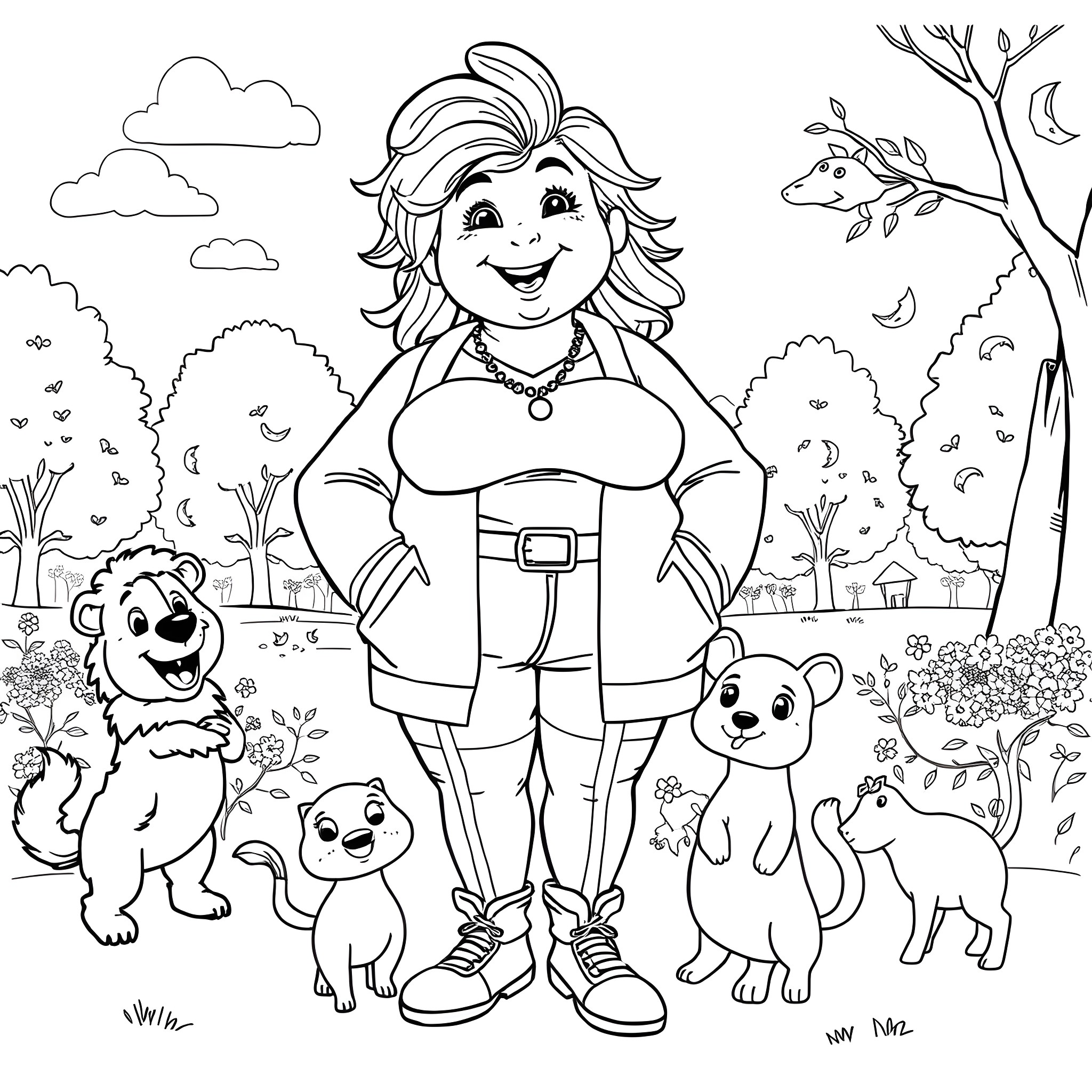 Ginger posing confidently with her animal friends in nature Coloring Page (free black-and-white line drawing printable PDF for all, from beginners to advanced learners, including children, teens, adults, and seniors)