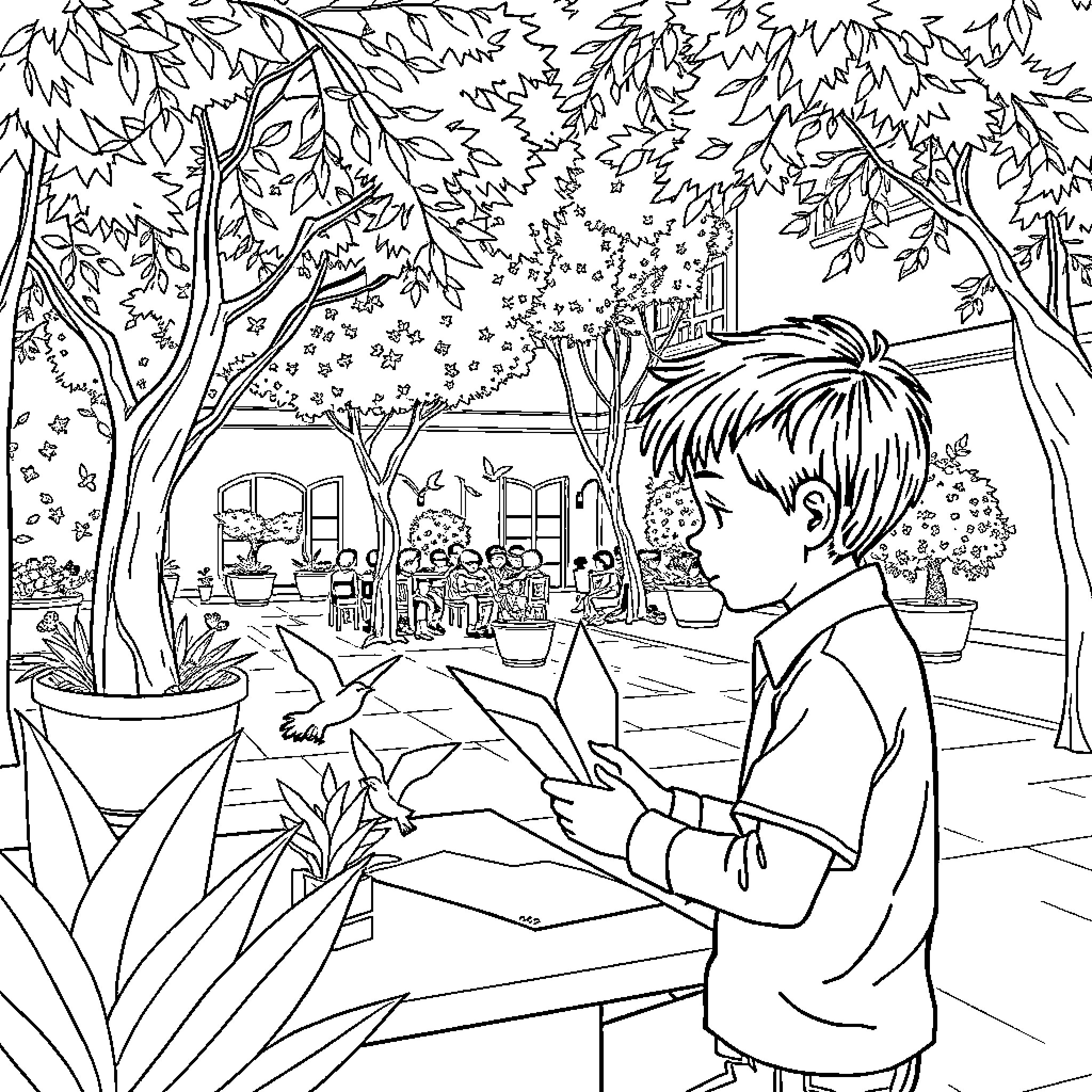 Niño exploring the outdoor garden Coloring Page (free black-and-white line drawing printable PDF for all, from beginners to advanced learners, including children, teens, adults, and seniors)