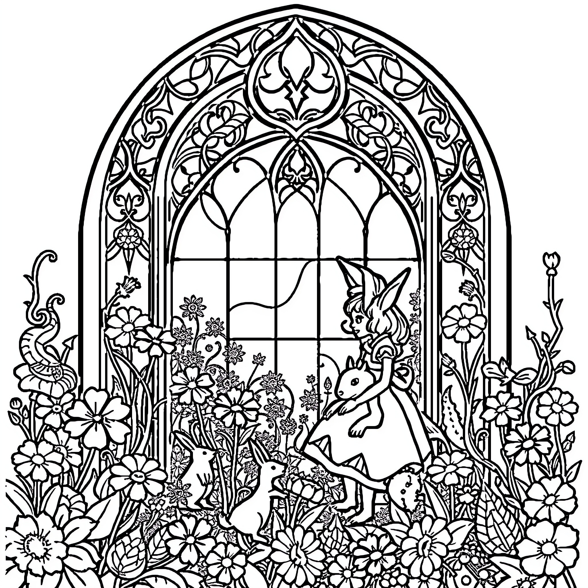 Alice in the Enchanted Garden Coloring Page (free black-and-white line drawing printable PDF for all, from beginners to advanced learners, including children, teens, adults, and seniors)