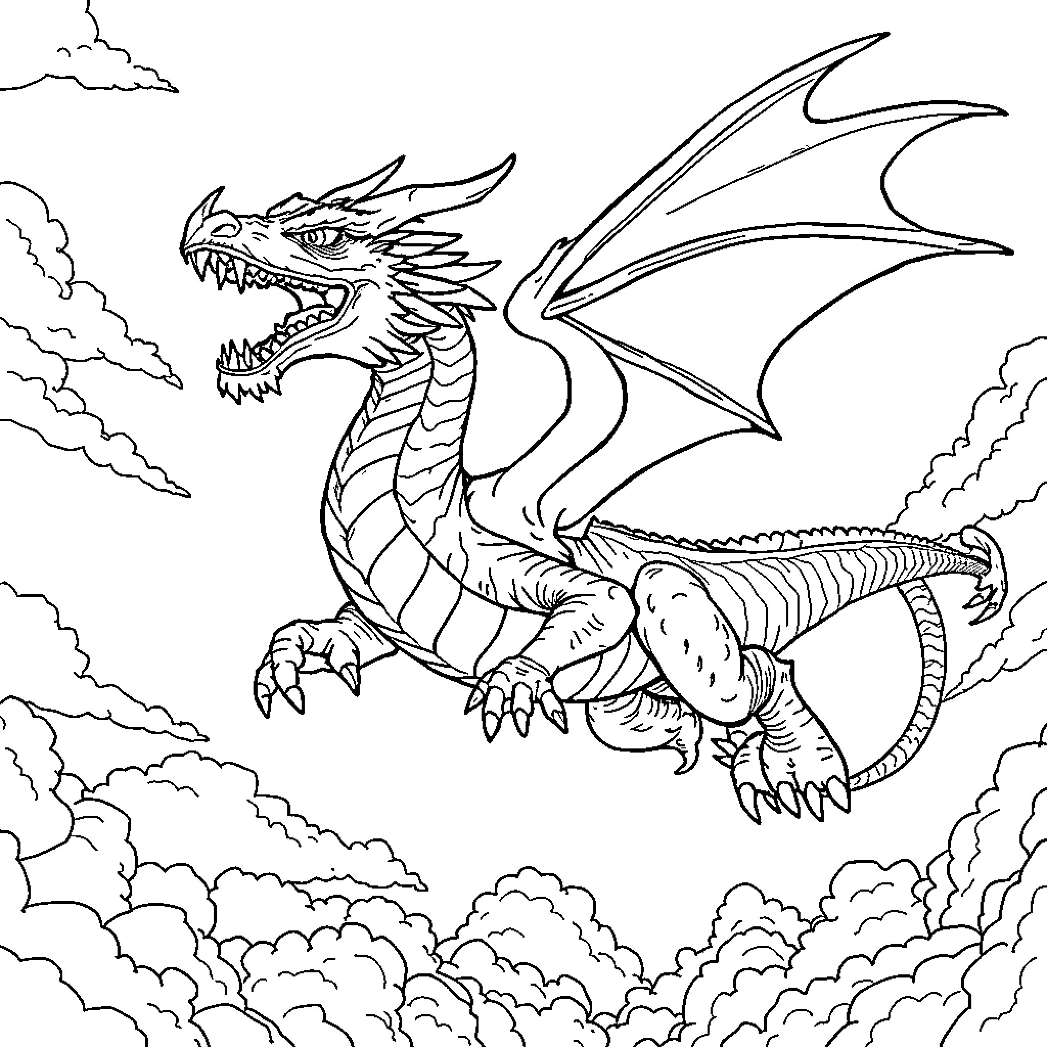 Dragon soaring through cloudy skies Coloring Page (free black-and-white line drawing printable PDF for all, from beginners to advanced learners, including children, teens, adults, and seniors)