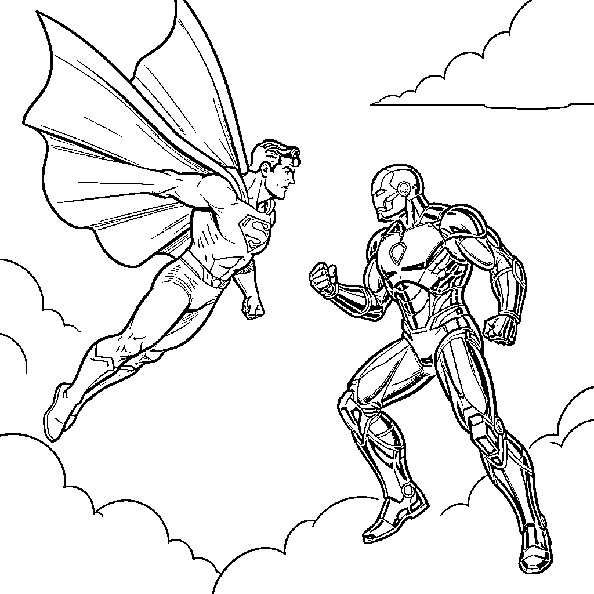 Superhero showdown in the sky Coloring Page (free black-and-white line drawing printable PDF for all, from beginners to advanced learners, including children, teens, adults, and seniors)