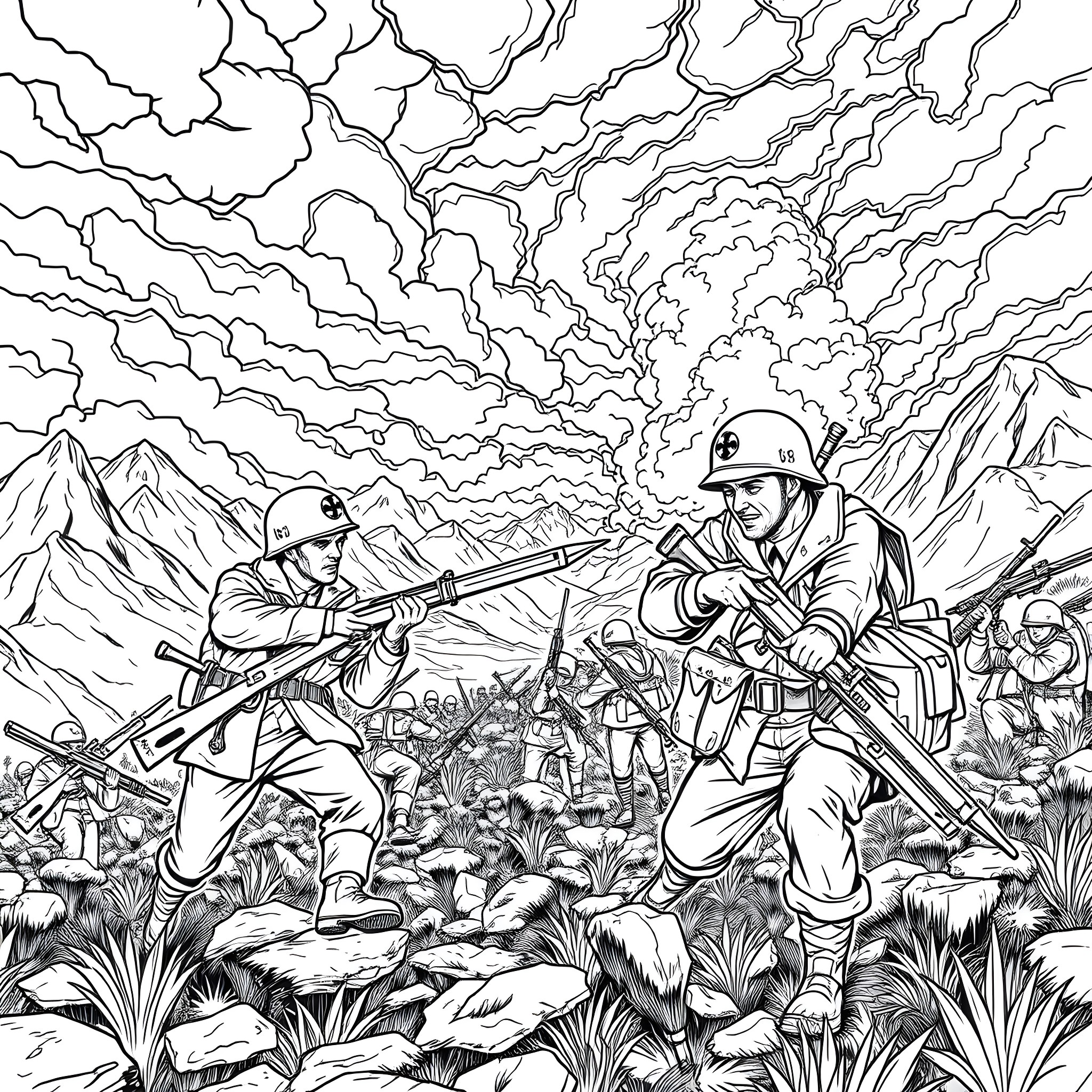 Soldier's Battlefield Engagement Coloring Page (free black-and-white line drawing printable PDF for all, from beginners to advanced learners, including children, teens, adults, and seniors)