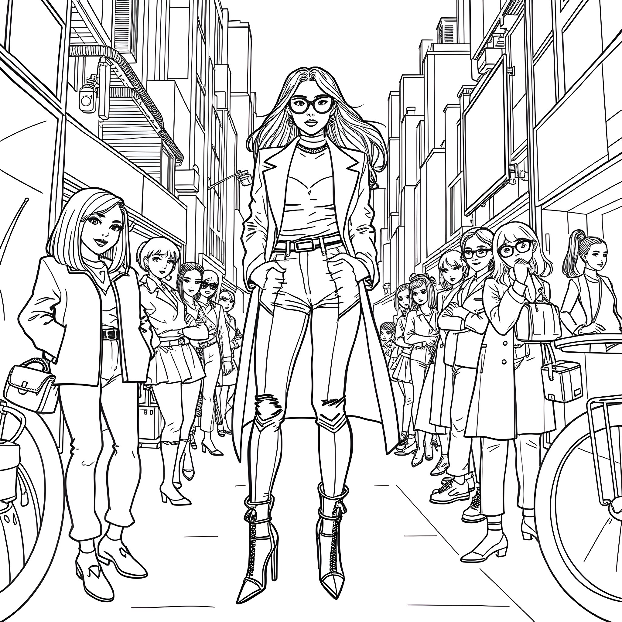 Bratz girls strutting confidently in the city Coloring Page (free black-and-white line drawing printable PDF for all, from beginners to advanced learners, including children, teens, adults, and seniors)