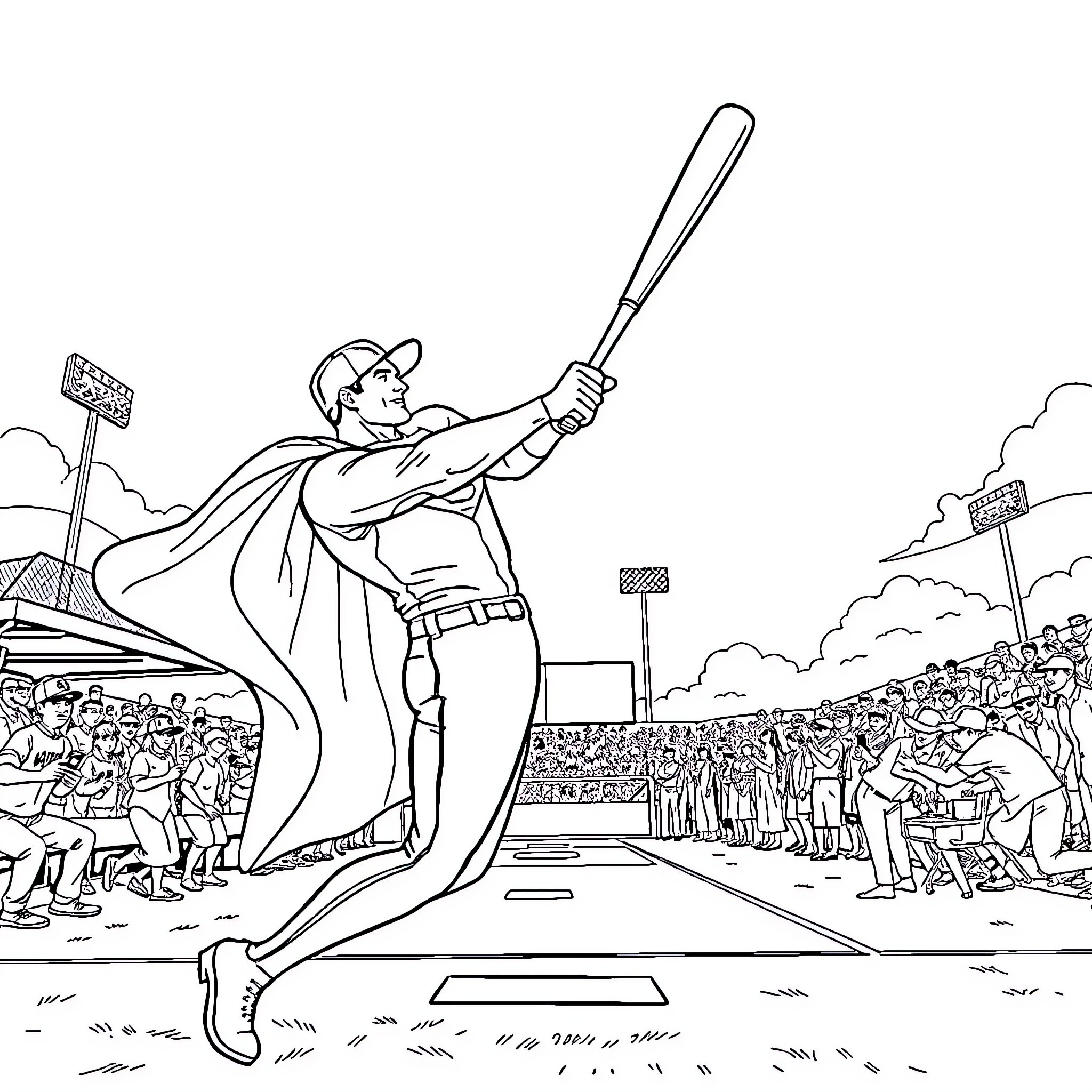 Superman batting in a baseball game Coloring Page (free black-and-white line drawing printable PDF for all, from beginners to advanced learners, including children, teens, adults, and seniors)