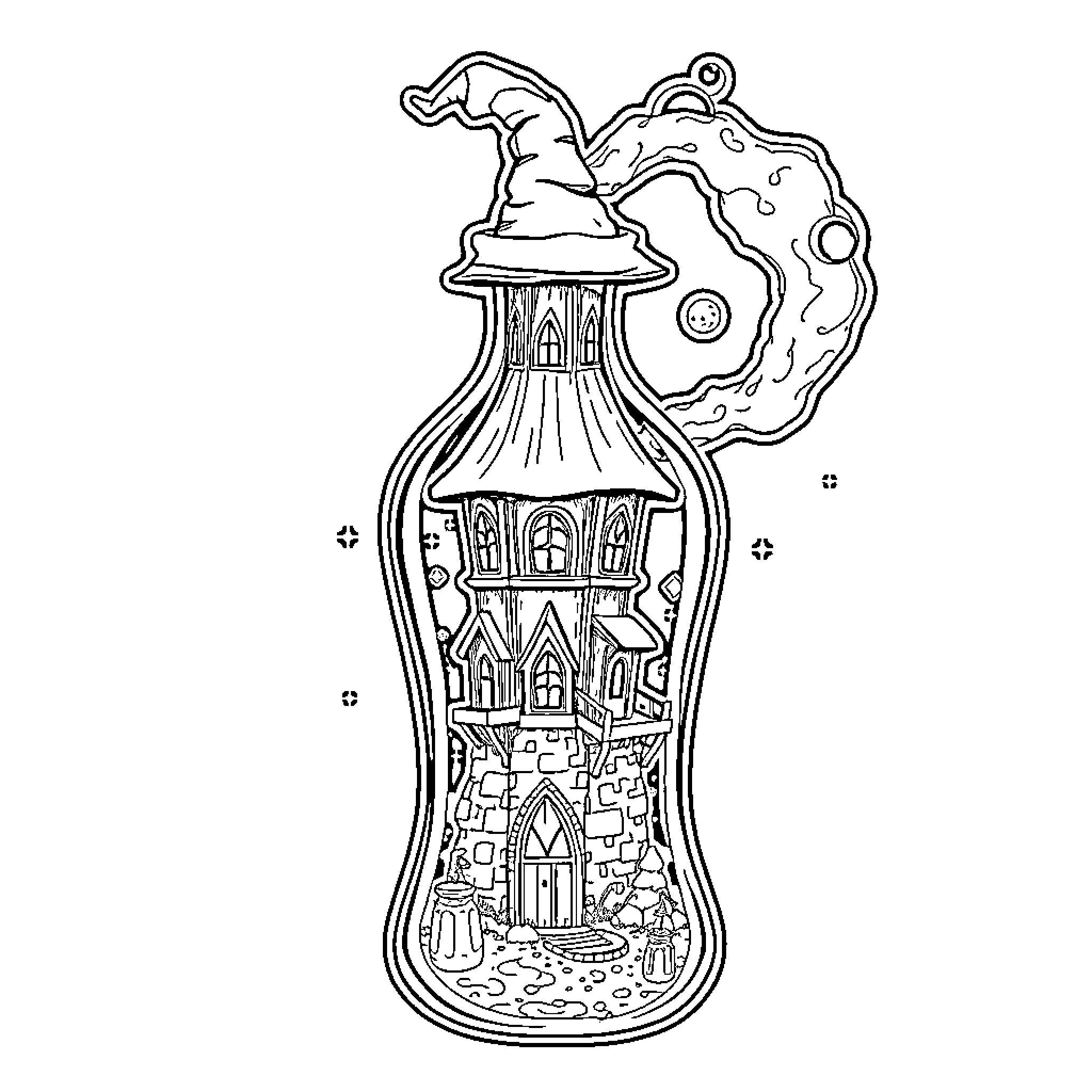 Witch's Enchanted Potion Bottle Coloring Page (free black-and-white line drawing printable PDF for all, from beginners to advanced learners, including children, teens, adults, and seniors)
