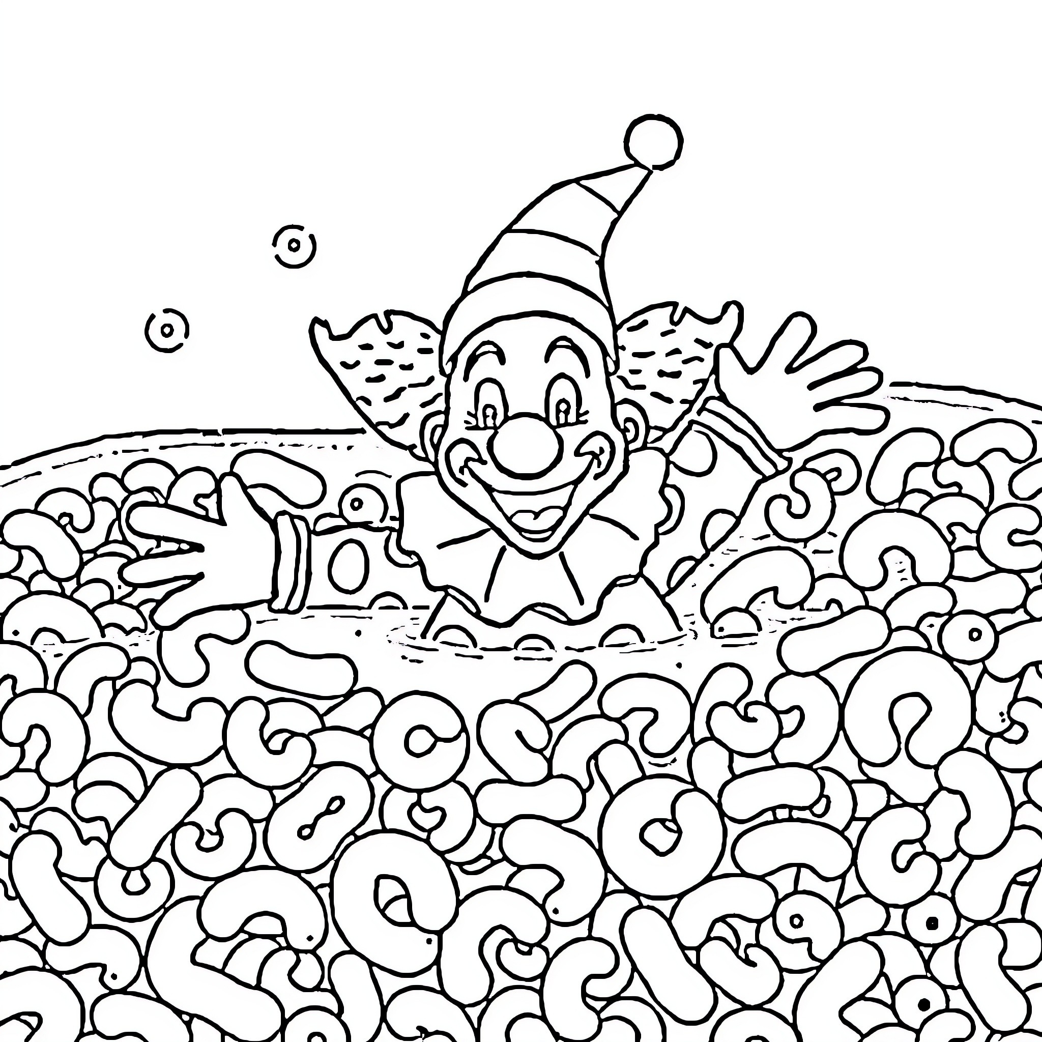 Clown Emerging from a Whimsical Landscape Coloring Page (free black-and-white line drawing printable PDF for all, from beginners to advanced learners, including children, teens, adults, and seniors)