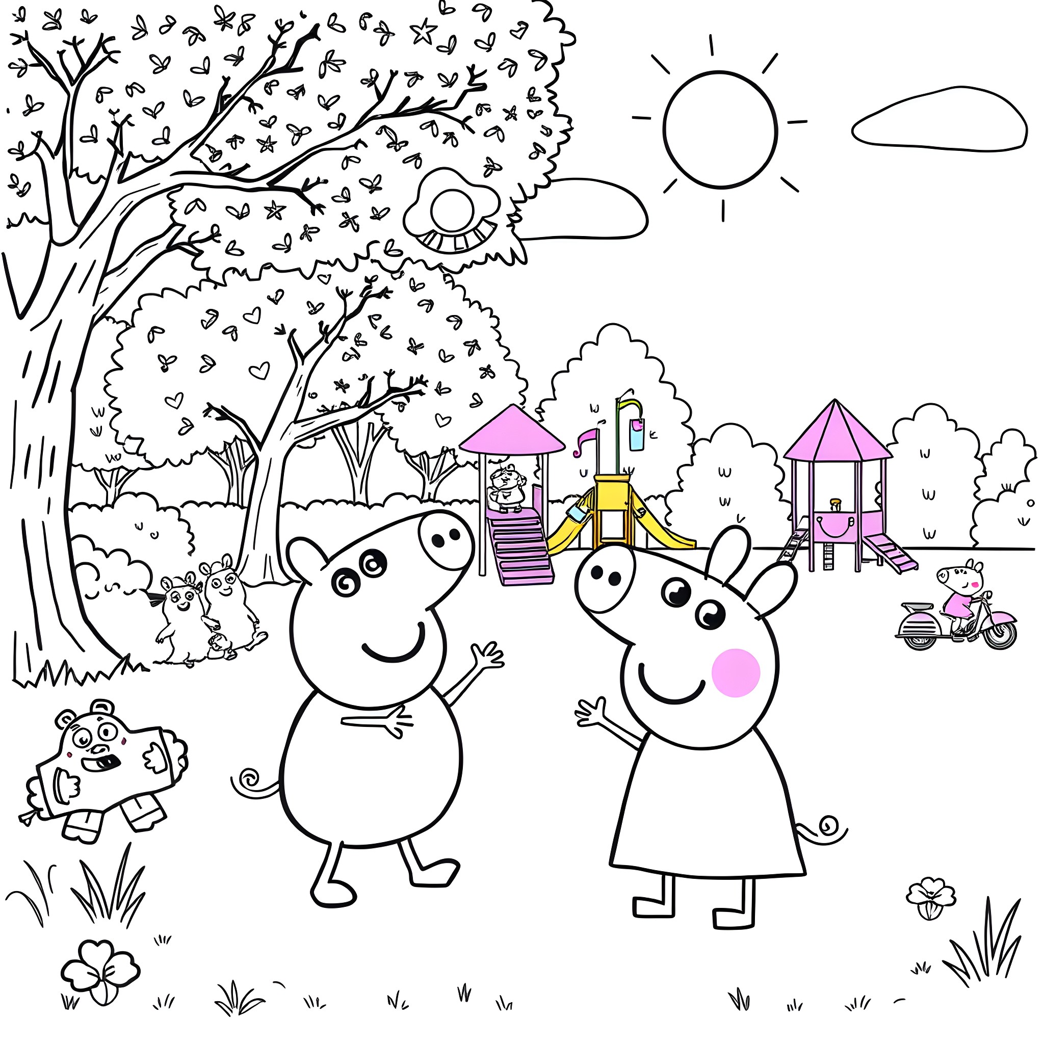 Bluey and Friends at the Playground Coloring Page (free black-and-white line drawing printable PDF for all, from beginners to advanced learners, including children, teens, adults, and seniors)