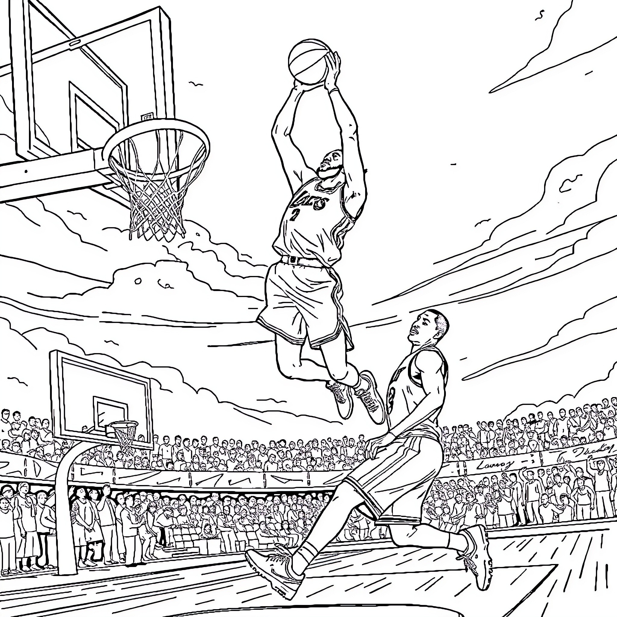 Snoop Dog: Basketball Dunk Showdown Coloring Page (free black-and-white line drawing printable PDF for all, from beginners to advanced learners, including children, teens, adults, and seniors)