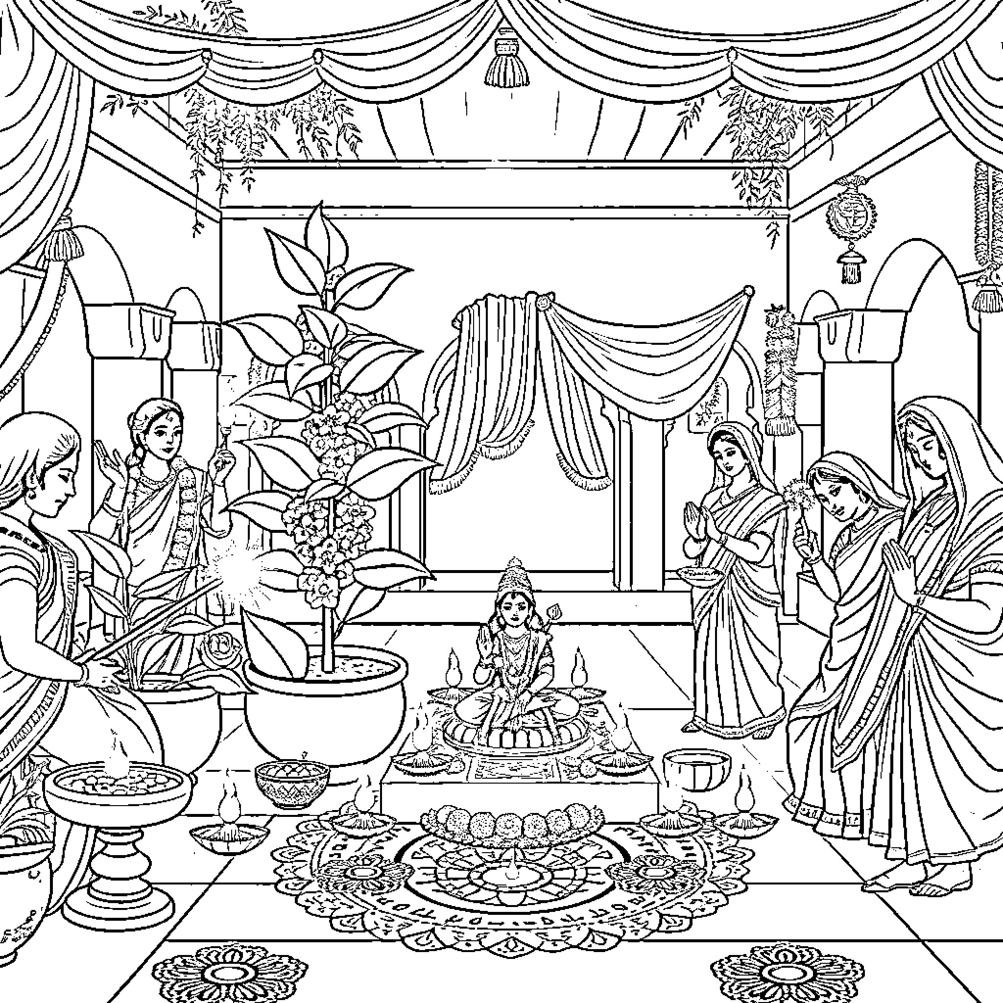 Tulsi: A Devotional Gathering in an Indian Temple Coloring Page (free black-and-white line drawing printable PDF for all, from beginners to advanced learners, including children, teens, adults, and seniors)