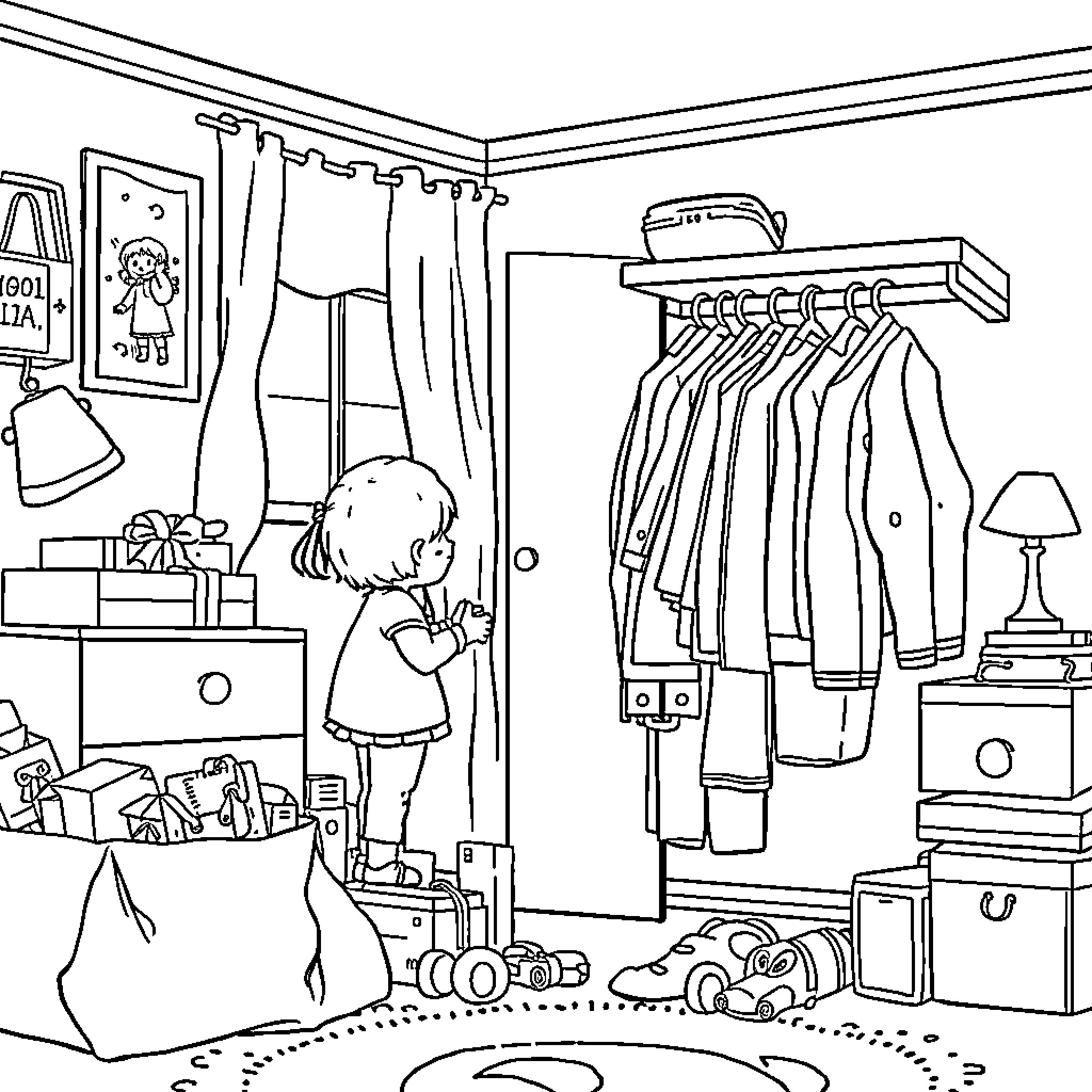 Blues in the Bedroom: Exploring a Cluttered Closet Coloring Page (free black-and-white line drawing printable PDF for all, from beginners to advanced learners, including children, teens, adults, and seniors)