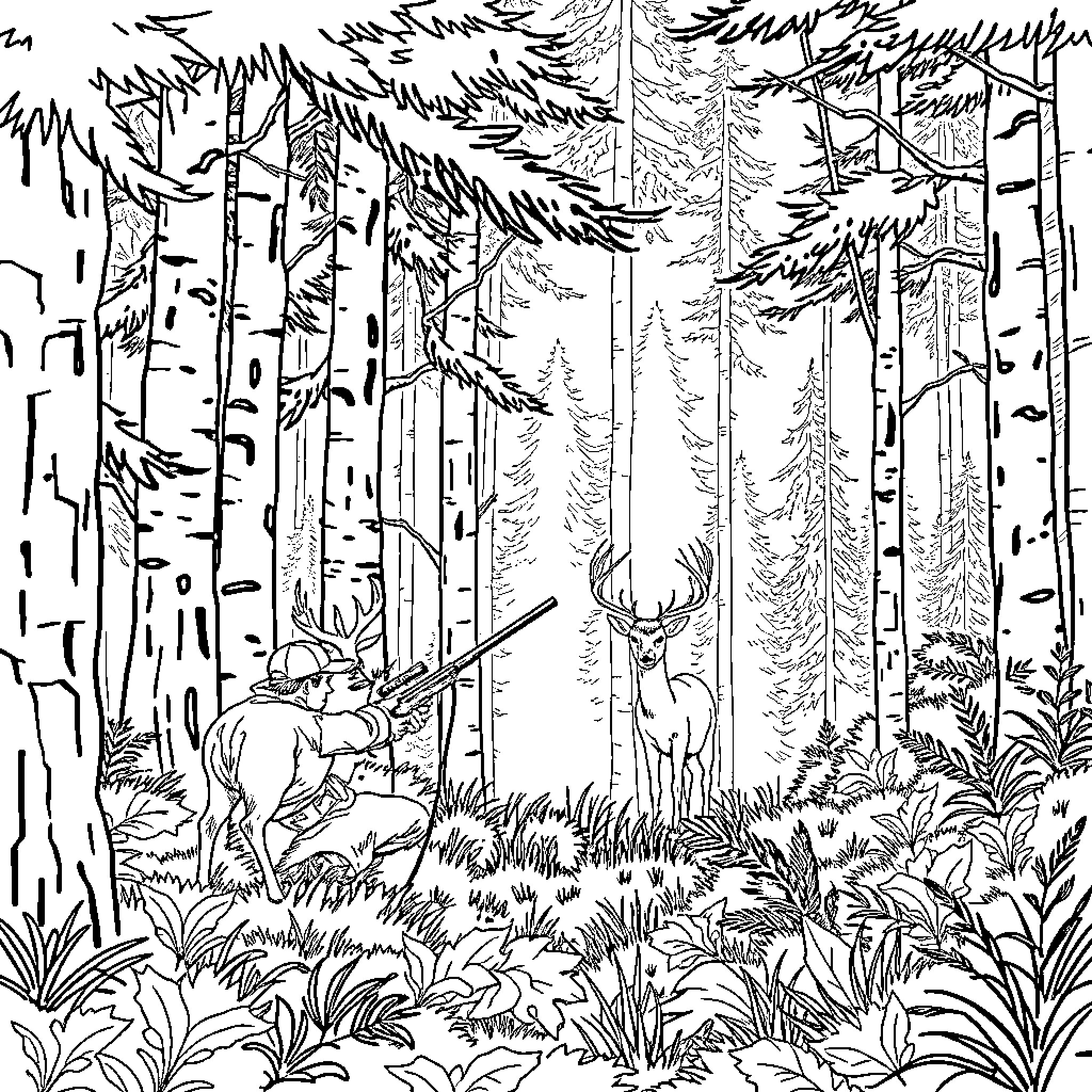 Boy exploring the tranquil forest with deer Coloring Page (free black-and-white line drawing printable PDF for all, from beginners to advanced learners, including children, teens, adults, and seniors)