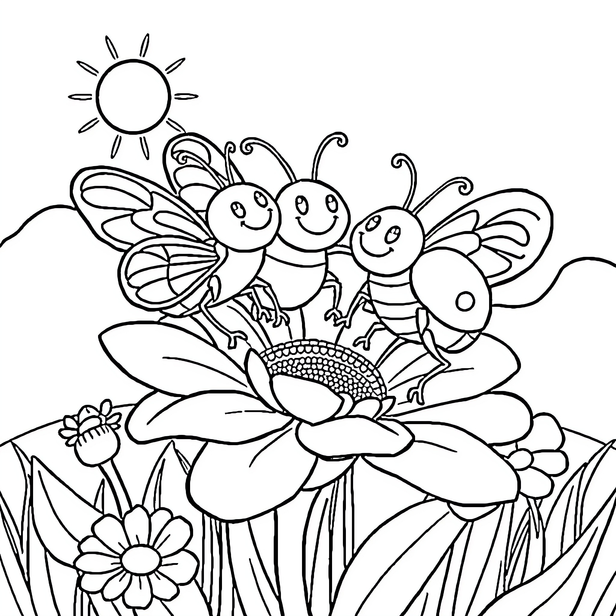 Bug friends enjoying a sunny day Coloring Page (free black-and-white line drawing printable PDF for all, from beginners to advanced learners, including children, teens, adults, and seniors)