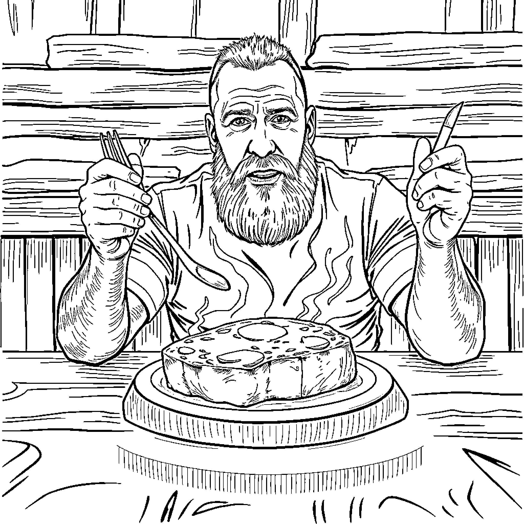 Joe Rogan Enjoying a Hearty Meal Coloring Page (free black-and-white line drawing printable PDF for all, from beginners to advanced learners, including children, teens, adults, and seniors)