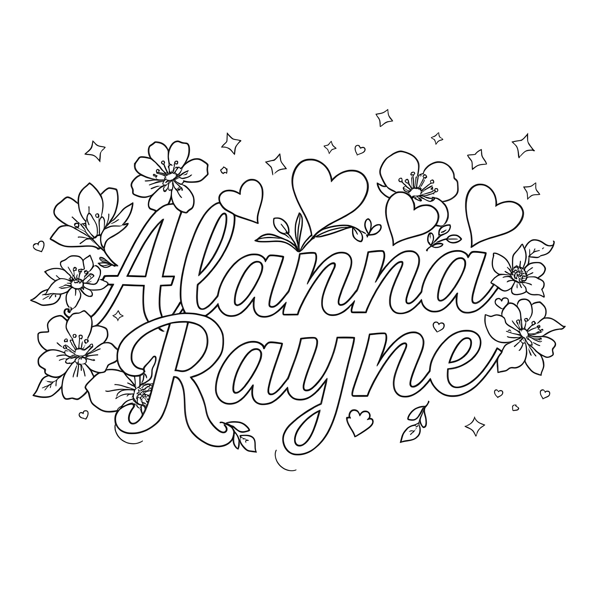 Font of floral name Alanna Rayne Coloring Page (free black-and-white line drawing printable PDF for all, from beginners to advanced learners, including children, teens, adults, and seniors)